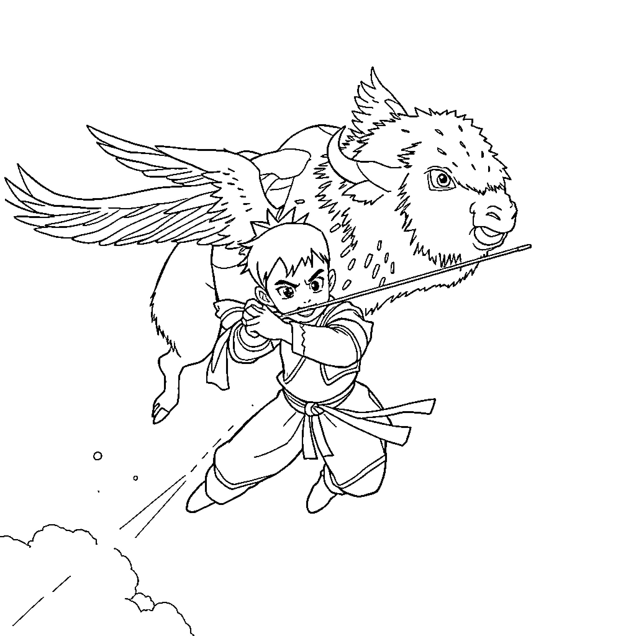 Zuko riding a magical creature in an adventure Coloring Page (free black-and-white line drawing printable PDF for all, from beginners to advanced learners, including children, teens, adults, and seniors)