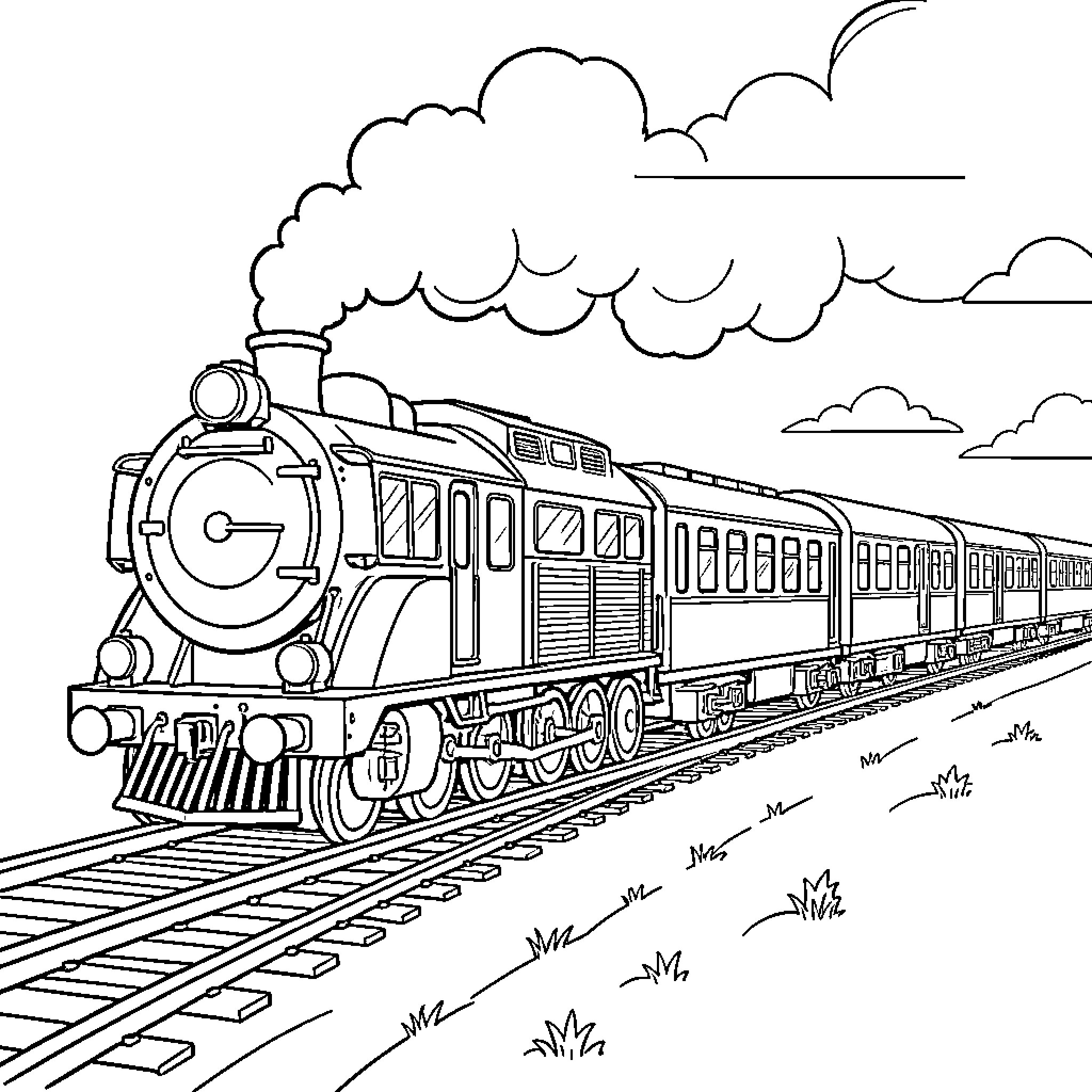 Train puffing smoke while traveling along the tracks Coloring Page (free black-and-white line drawing printable PDF for all, from beginners to advanced learners, including children, teens, adults, and seniors)