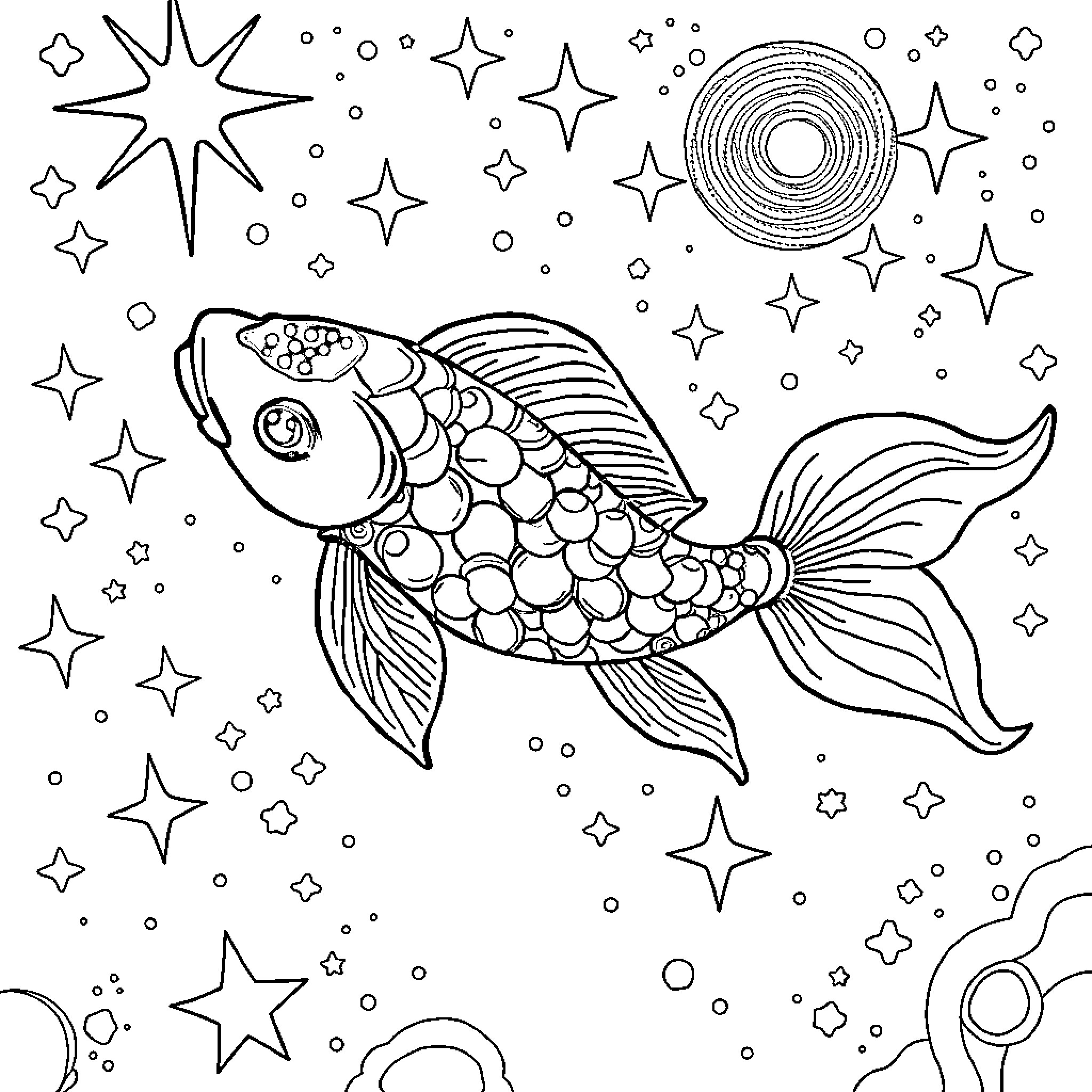 Koi fish swimming amidst twinkling stars Coloring Page (free black-and-white line drawing printable PDF for all, from beginners to advanced learners, including children, teens, adults, and seniors)