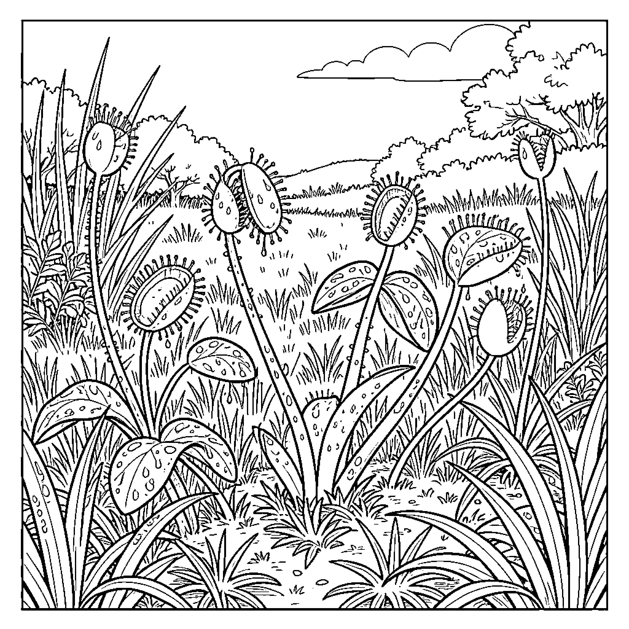 Drosera - Carnivorous Plants in the Wild Coloring Page (free black-and-white line drawing printable PDF for all, from beginners to advanced learners, including children, teens, adults, and seniors)
