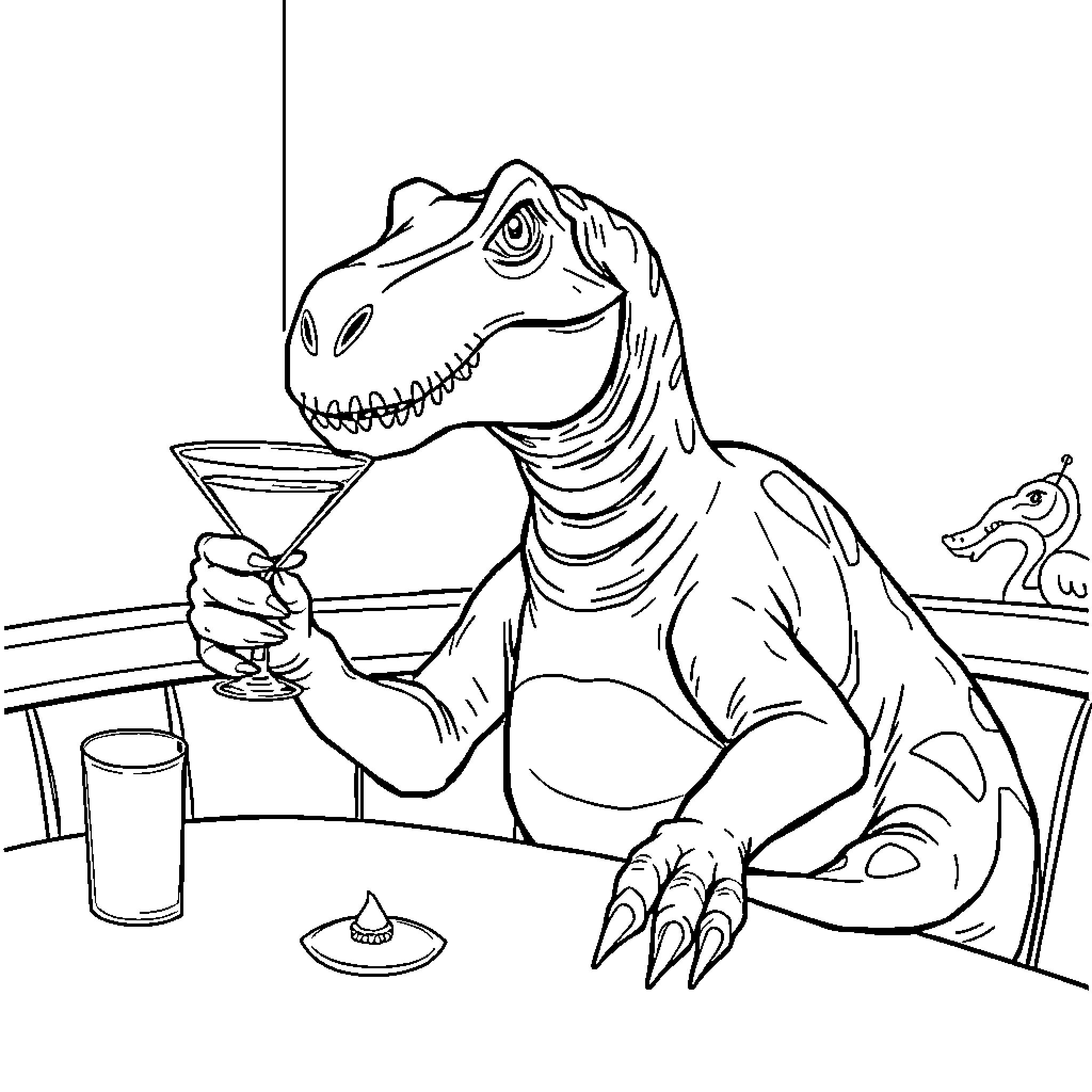 Dinosaur enjoying a cocktail at a bar Coloring Page (free black-and-white line drawing printable PDF for all, from beginners to advanced learners, including children, teens, adults, and seniors)