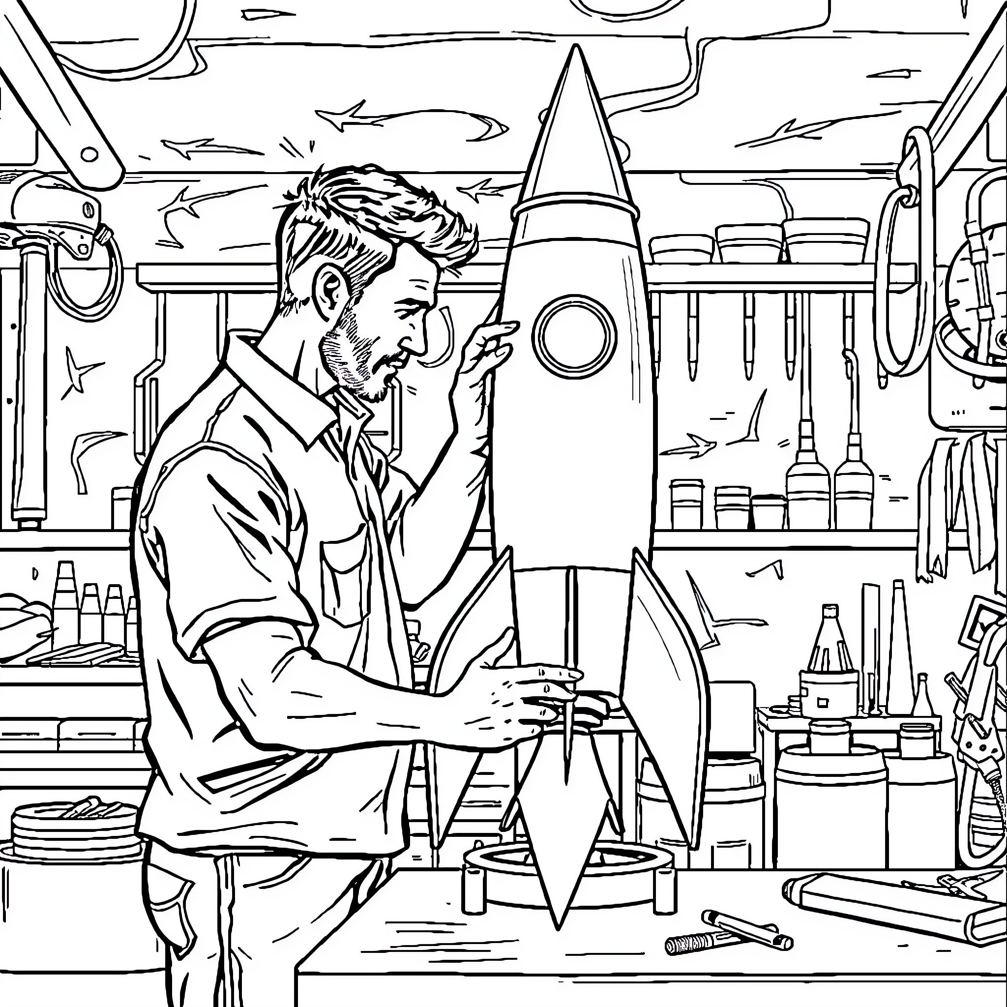 Man working diligently on model rocket in workshop Coloring Page (free black-and-white line drawing printable PDF for all, from beginners to advanced learners, including children, teens, adults, and seniors)
