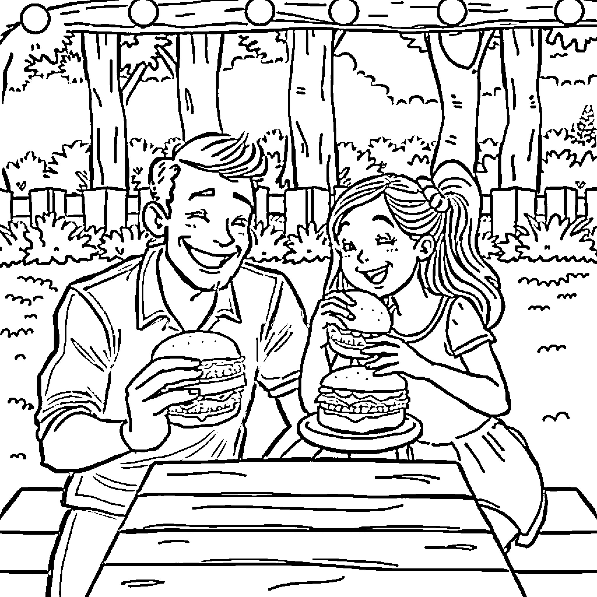 Dad Enjoys Picnic with Daughter in the Park Coloring Page (free black-and-white line drawing printable PDF for all, from beginners to advanced learners, including children, teens, adults, and seniors)