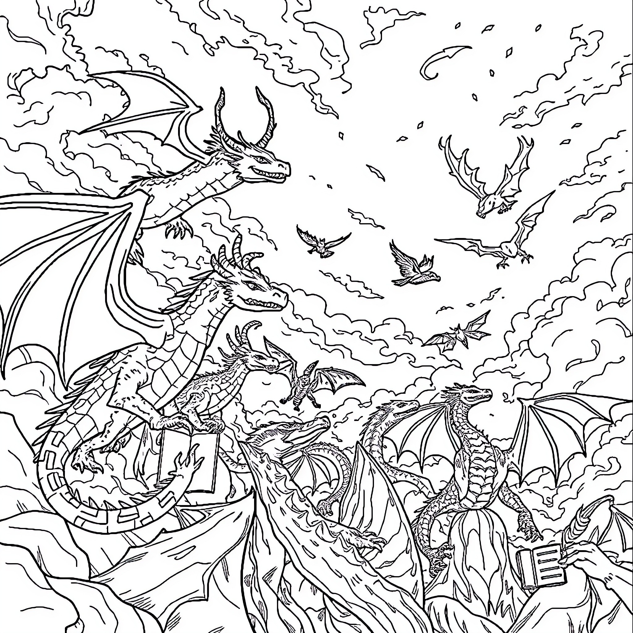 Dragon Gathering in the Cloudy Skies Coloring Page (free black-and-white line drawing printable PDF for all, from beginners to advanced learners, including children, teens, adults, and seniors)