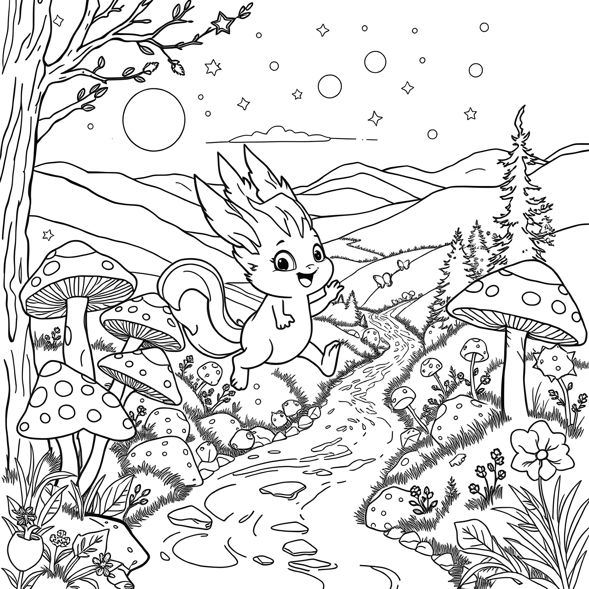 Sprunki exploring a whimsical forest landscape Coloring Page (free black-and-white line drawing printable PDF for all, from beginners to advanced learners, including children, teens, adults, and seniors)