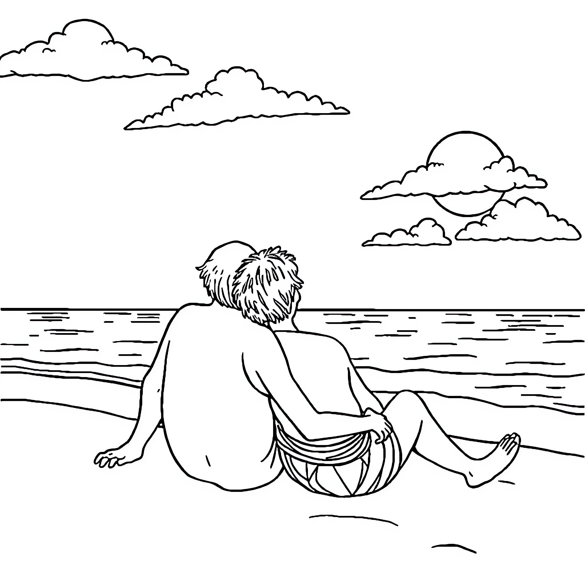 Pareja disfrutando del paisaje en la playa Coloring Page (free black-and-white line drawing printable PDF for all, from beginners to advanced learners, including children, teens, adults, and seniors)