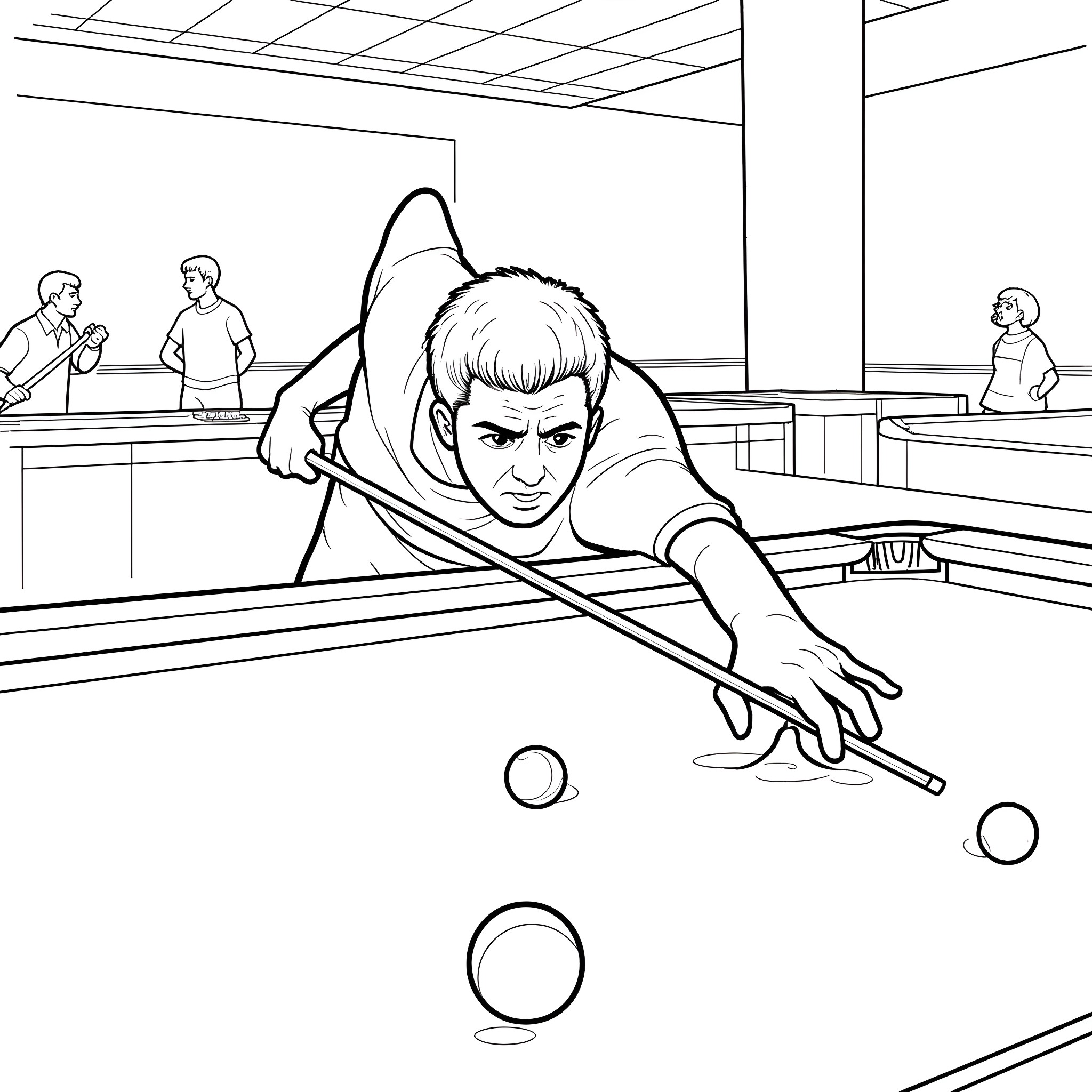 Pool Player Intently Lining Up a Shot in a Billiards Room Coloring Page (free black-and-white line drawing printable PDF for all, from beginners to advanced learners, including children, teens, adults, and seniors)