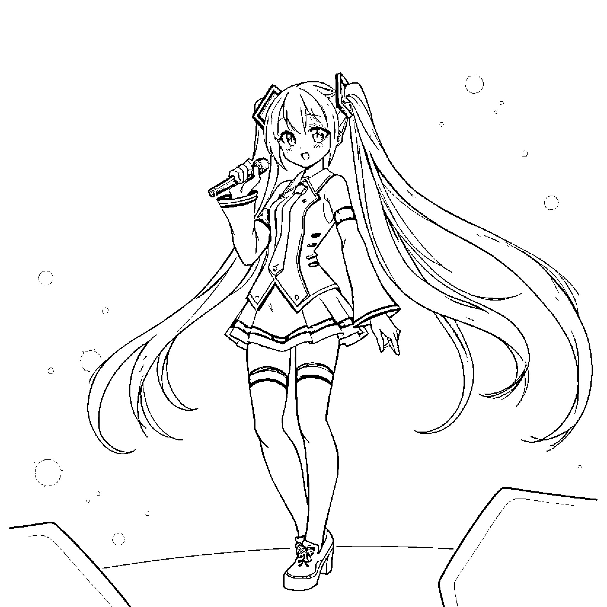 Hatsune Miku performing on stage Coloring Page (free black-and-white line drawing printable PDF for all, from beginners to advanced learners, including children, teens, adults, and seniors)