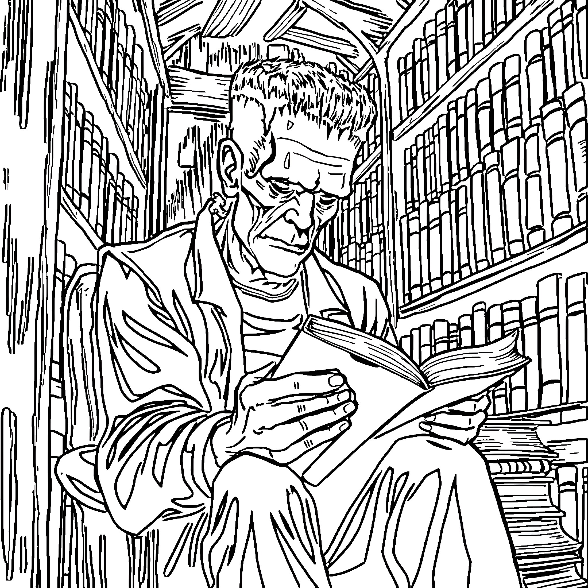 Frankenstein Exploring Tomes in a Dimly Lit Library Coloring Page (free black-and-white line drawing printable PDF for all, from beginners to advanced learners, including children, teens, adults, and seniors)