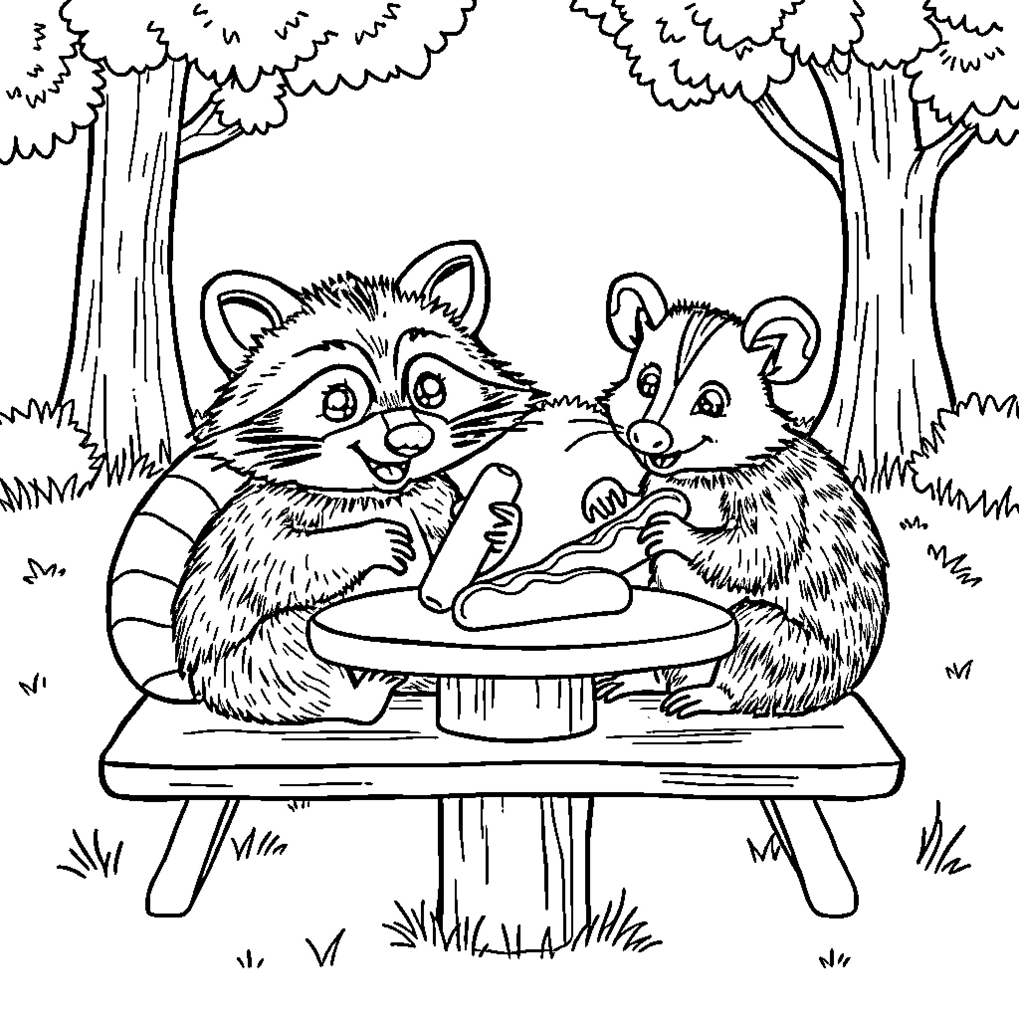 Raccoon friends enjoying a picnic in the forest Coloring Page (free black-and-white line drawing printable PDF for all, from beginners to advanced learners, including children, teens, adults, and seniors)