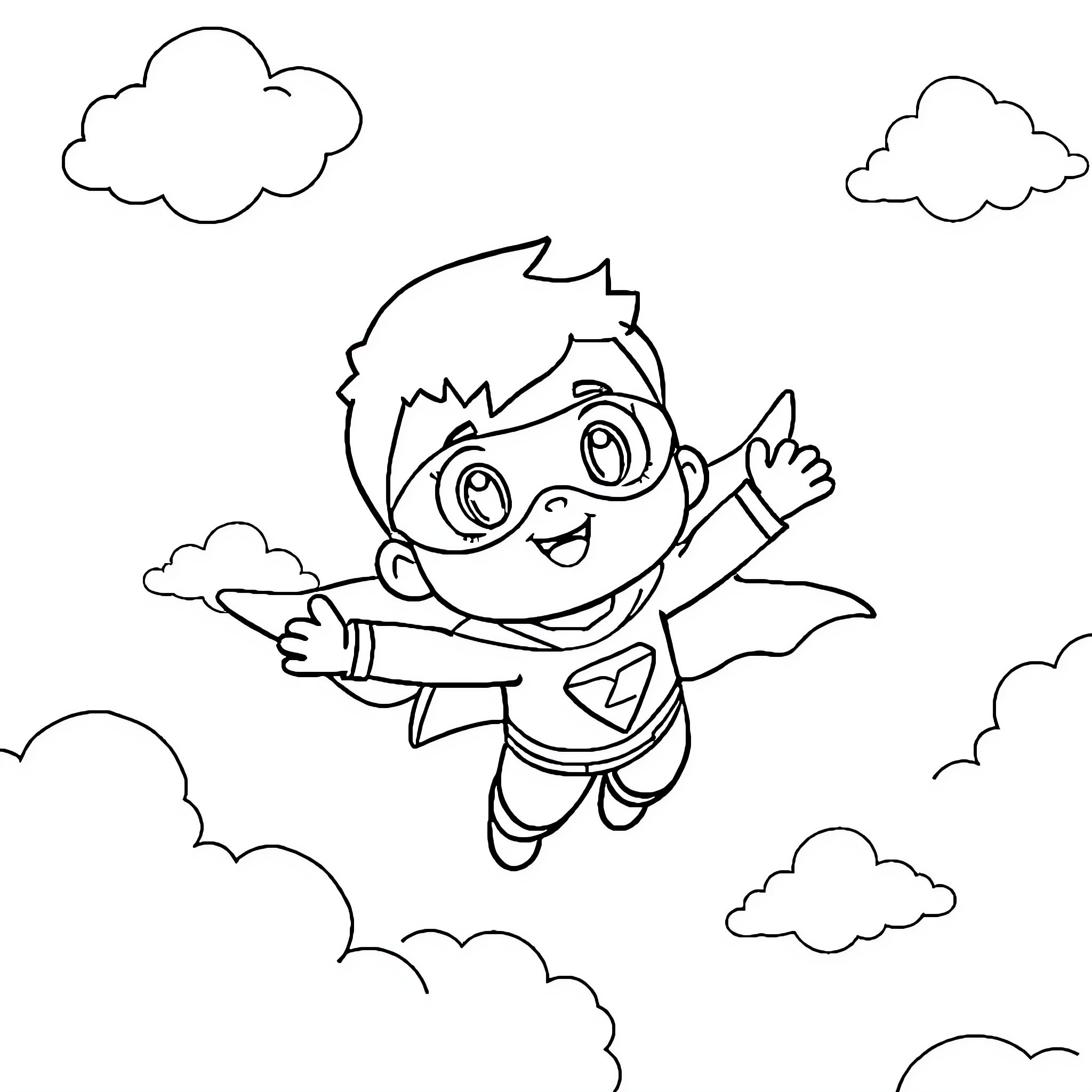 Pocoyo flying joyfully amidst the clouds Coloring Page (free black-and-white line drawing printable PDF for all, from beginners to advanced learners, including children, teens, adults, and seniors)