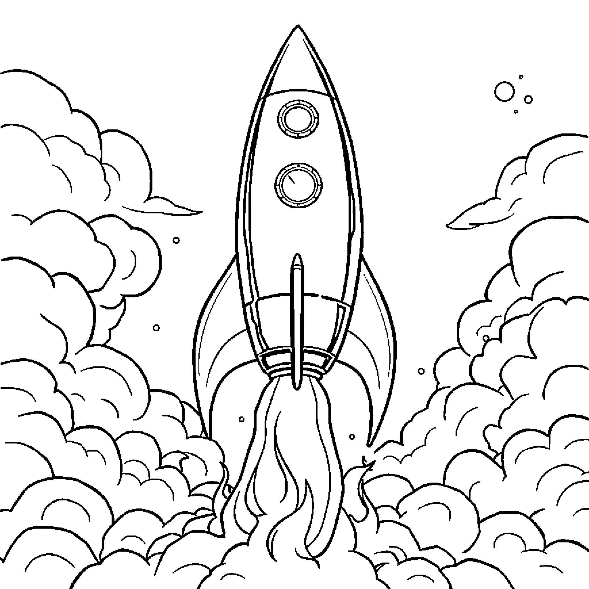 Rocket soaring into the cosmic clouds Coloring Page (free black-and-white line drawing printable PDF for all, from beginners to advanced learners, including children, teens, adults, and seniors)