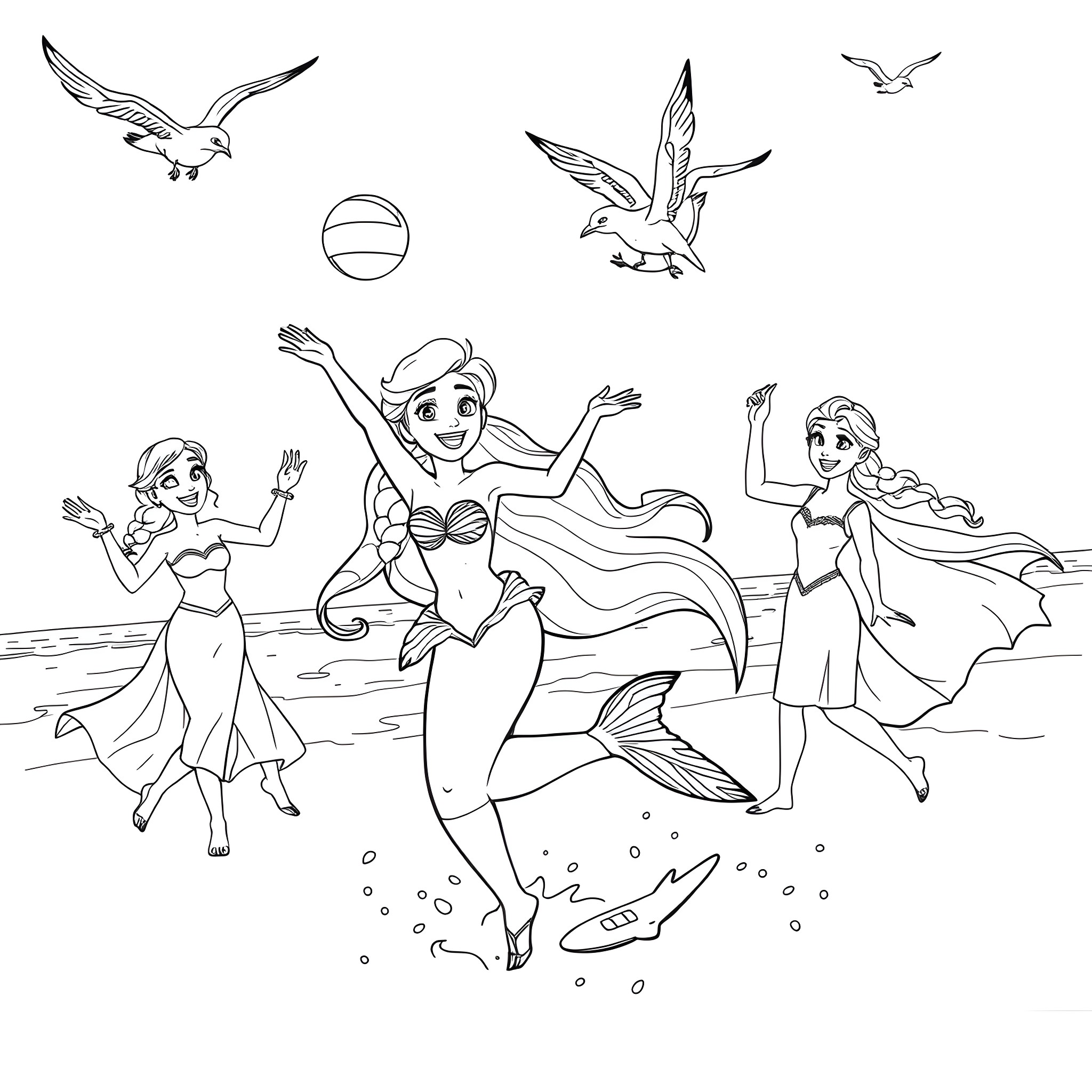 Ariel and Mermaid Friends Frolicking on the Beach Coloring Page (free black-and-white line drawing printable PDF for all, from beginners to advanced learners, including children, teens, adults, and seniors)