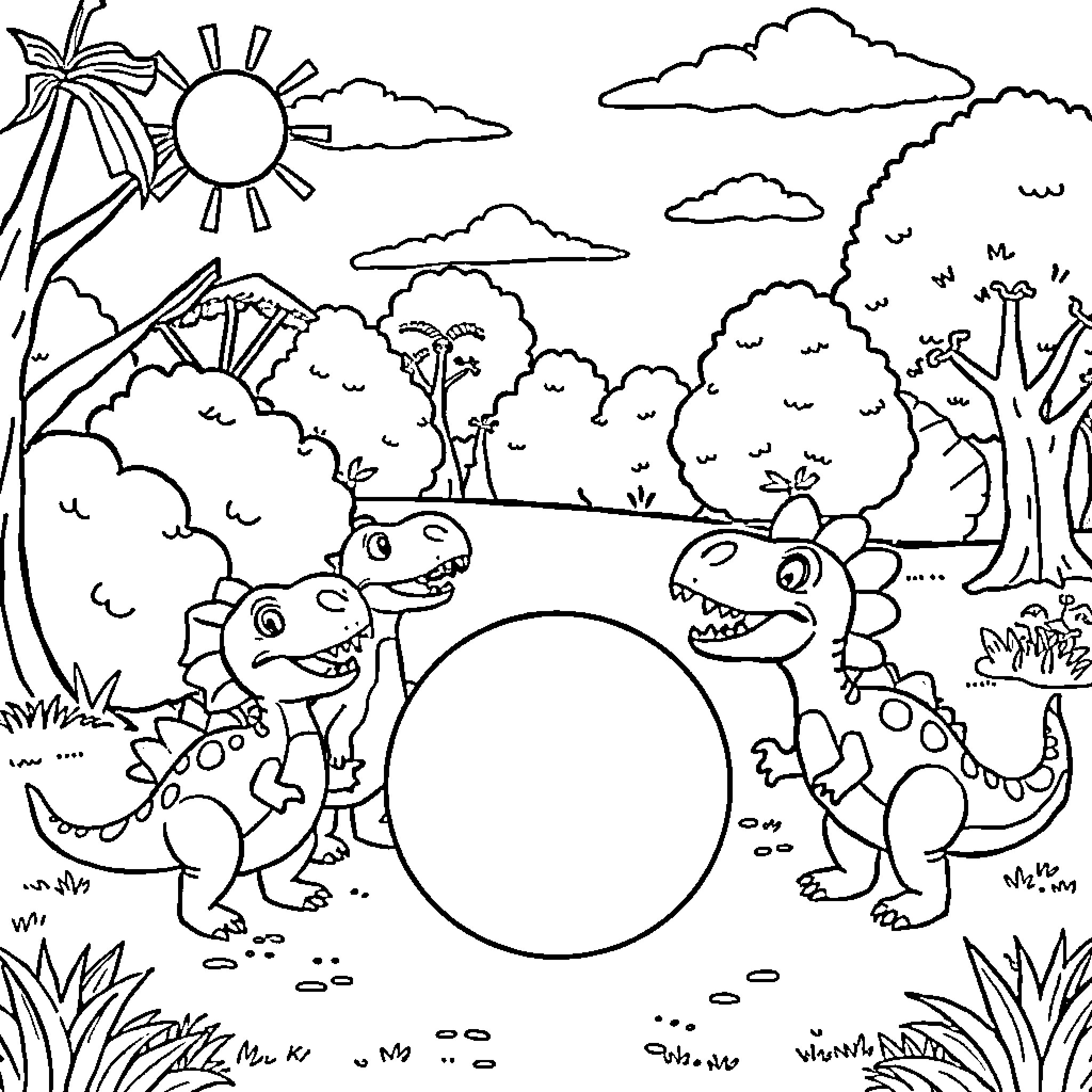 Dinosaurs playing together in the prehistoric landscape Coloring Page (free black-and-white line drawing printable PDF for all, from beginners to advanced learners, including children, teens, adults, and seniors)