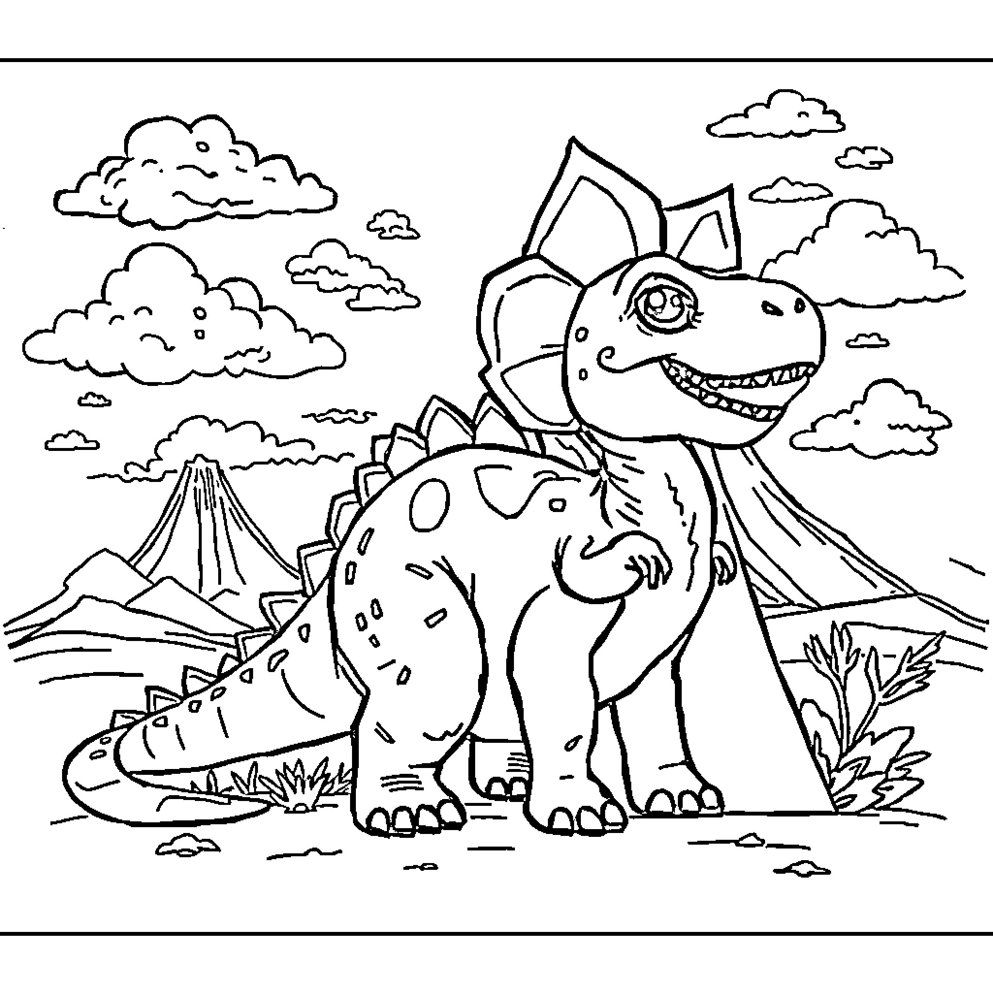 Letter A Playful Dinosaur in Mountainous Landscape Coloring Page (free black-and-white line drawing printable PDF for all, from beginners to advanced learners, including children, teens, adults, and seniors)