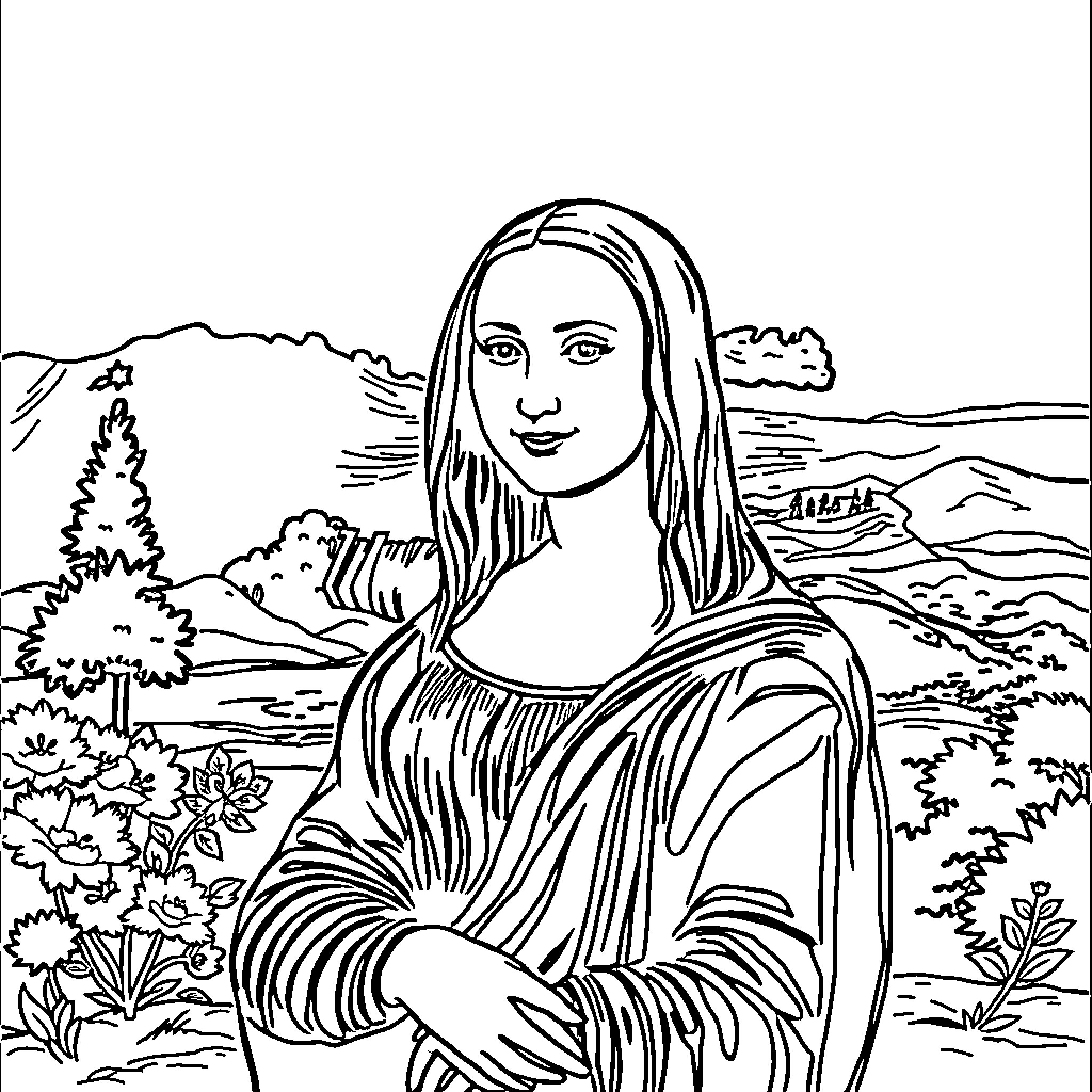 Mona Lisa posing in a pastoral landscape Coloring Page (free black-and-white line drawing printable PDF for all, from beginners to advanced learners, including children, teens, adults, and seniors)