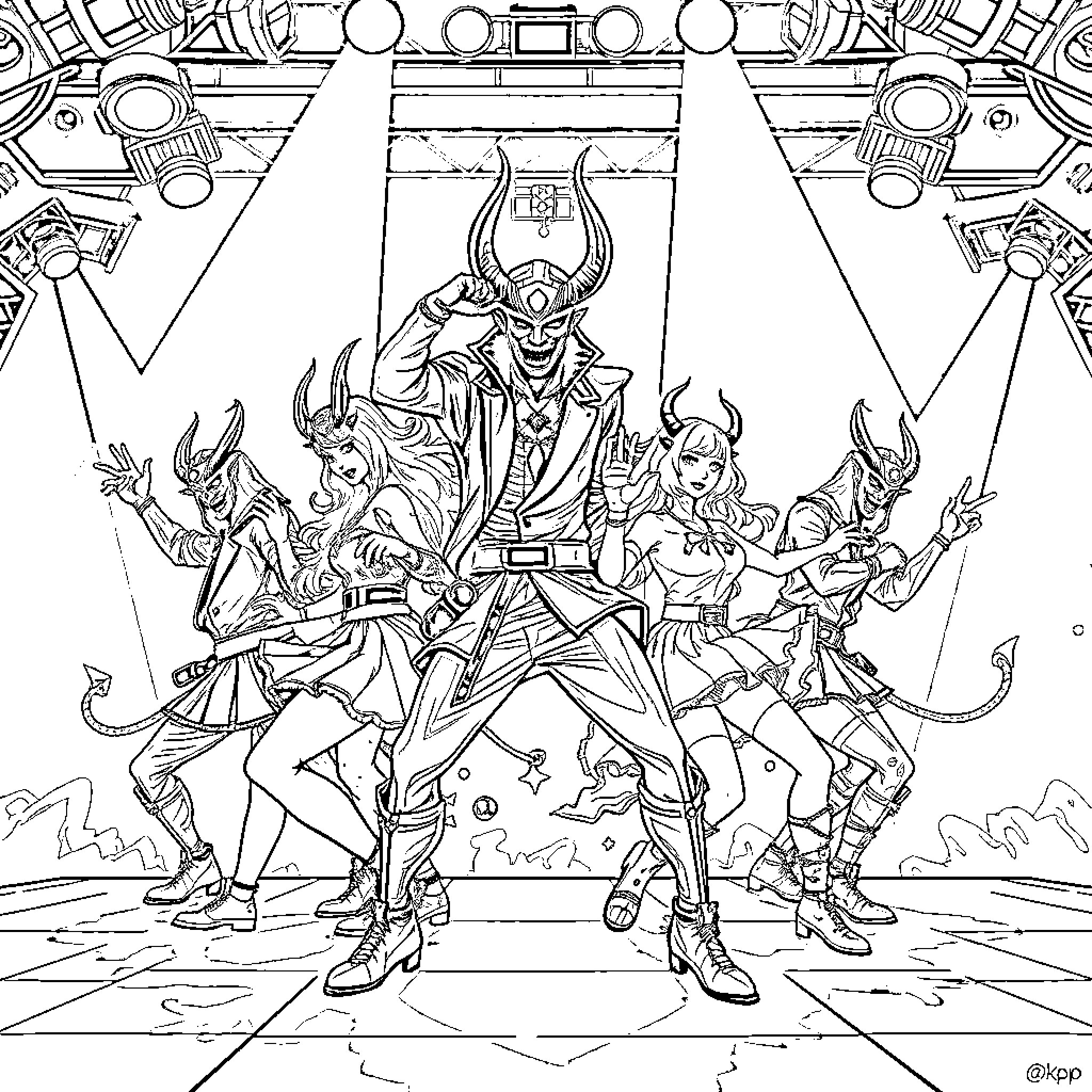 Kpop Demon Hunter: Powerful Figures in Dramatic Battle Coloring Page (free black-and-white line drawing printable PDF for all, from beginners to advanced learners, including children, teens, adults, and seniors)