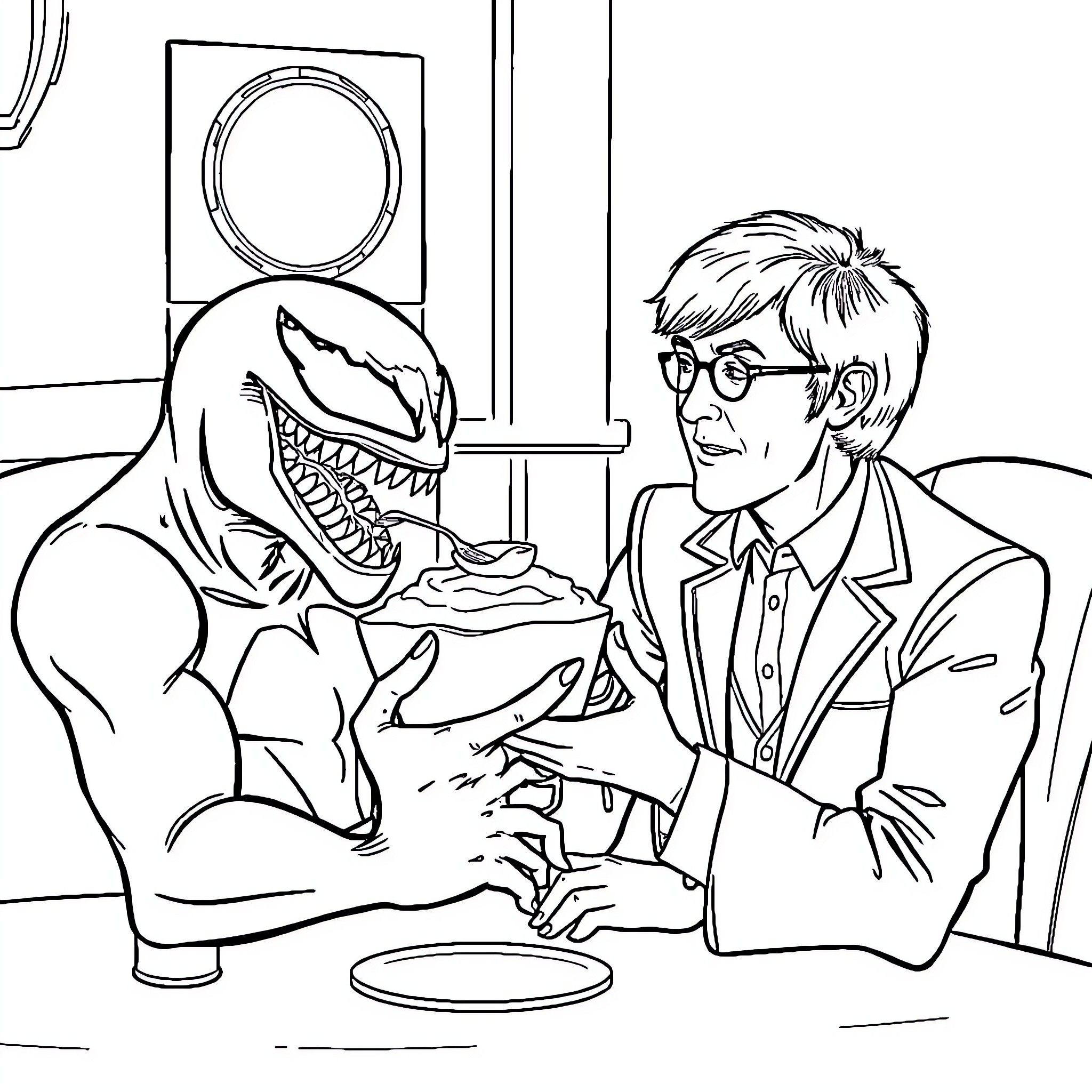 Venom Encounters Scientist in Laboratory Coloring Page (free black-and-white line drawing printable PDF for all, from beginners to advanced learners, including children, teens, adults, and seniors)