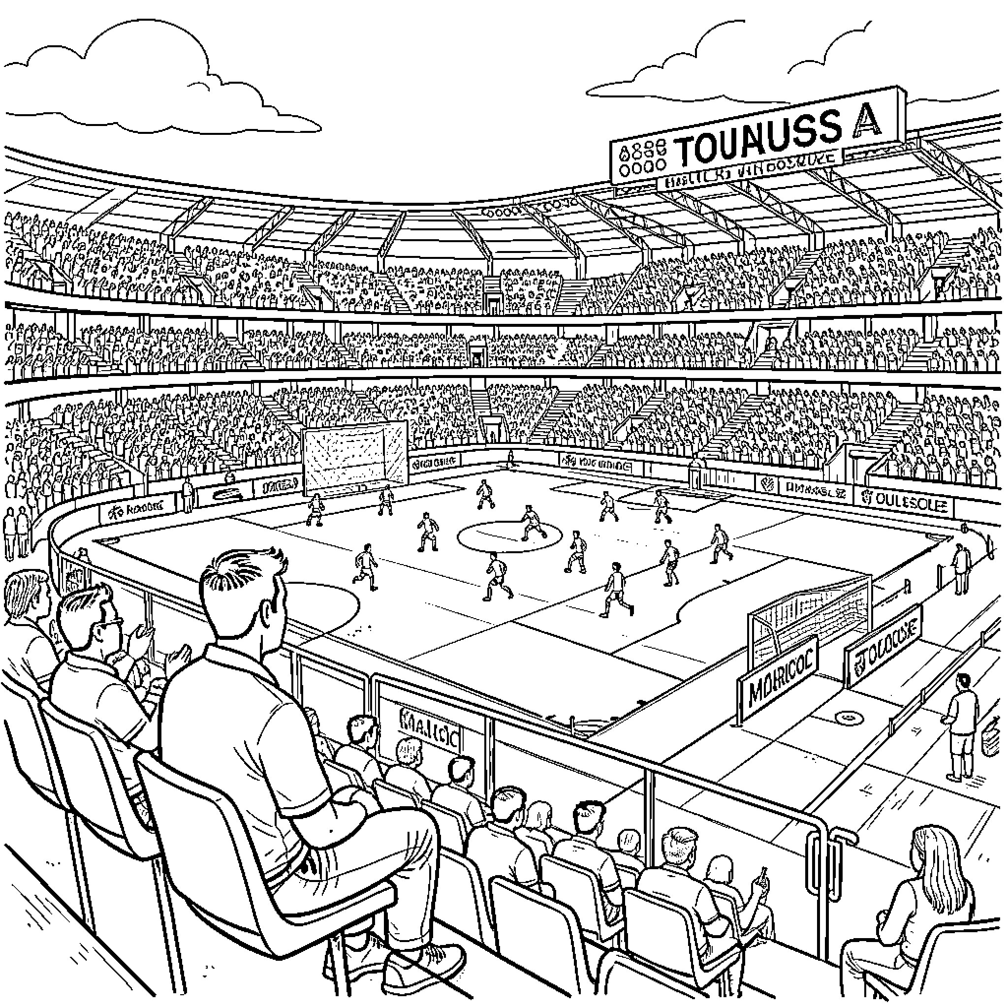 Marcico watching an intense basketball game in a stadium Coloring Page (free black-and-white line drawing printable PDF for all, from beginners to advanced learners, including children, teens, adults, and seniors)