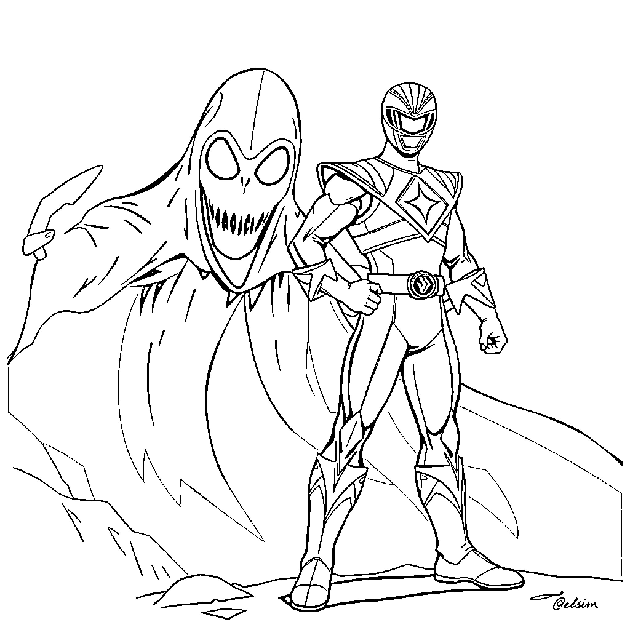 Power Ranger Confronts Ominous Foe Coloring Page (free black-and-white line drawing printable PDF for all, from beginners to advanced learners, including children, teens, adults, and seniors)