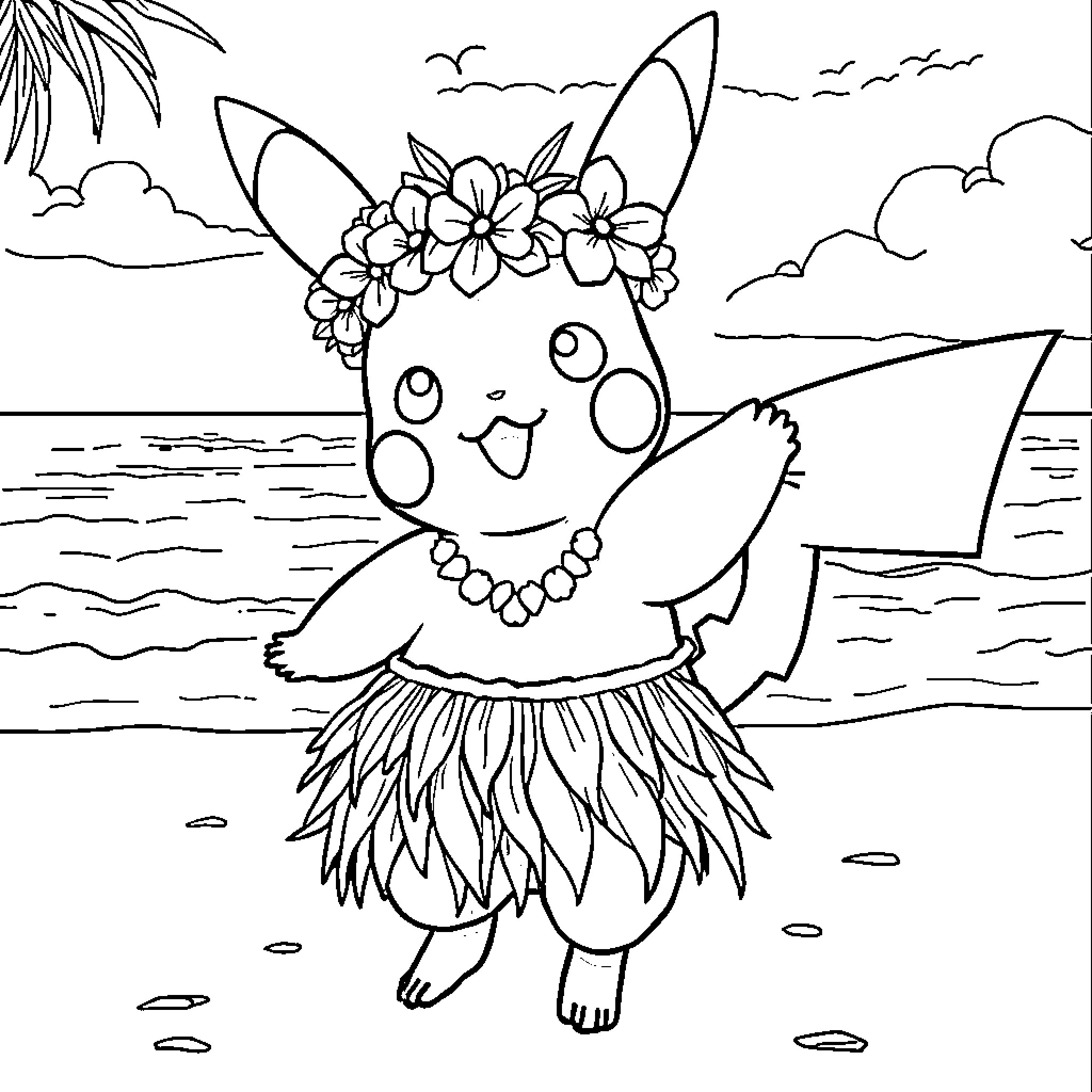 Pikachu in a Hawaiian-themed outfit on the beach Coloring Page (free black-and-white line drawing printable PDF for all, from beginners to advanced learners, including children, teens, adults, and seniors)
