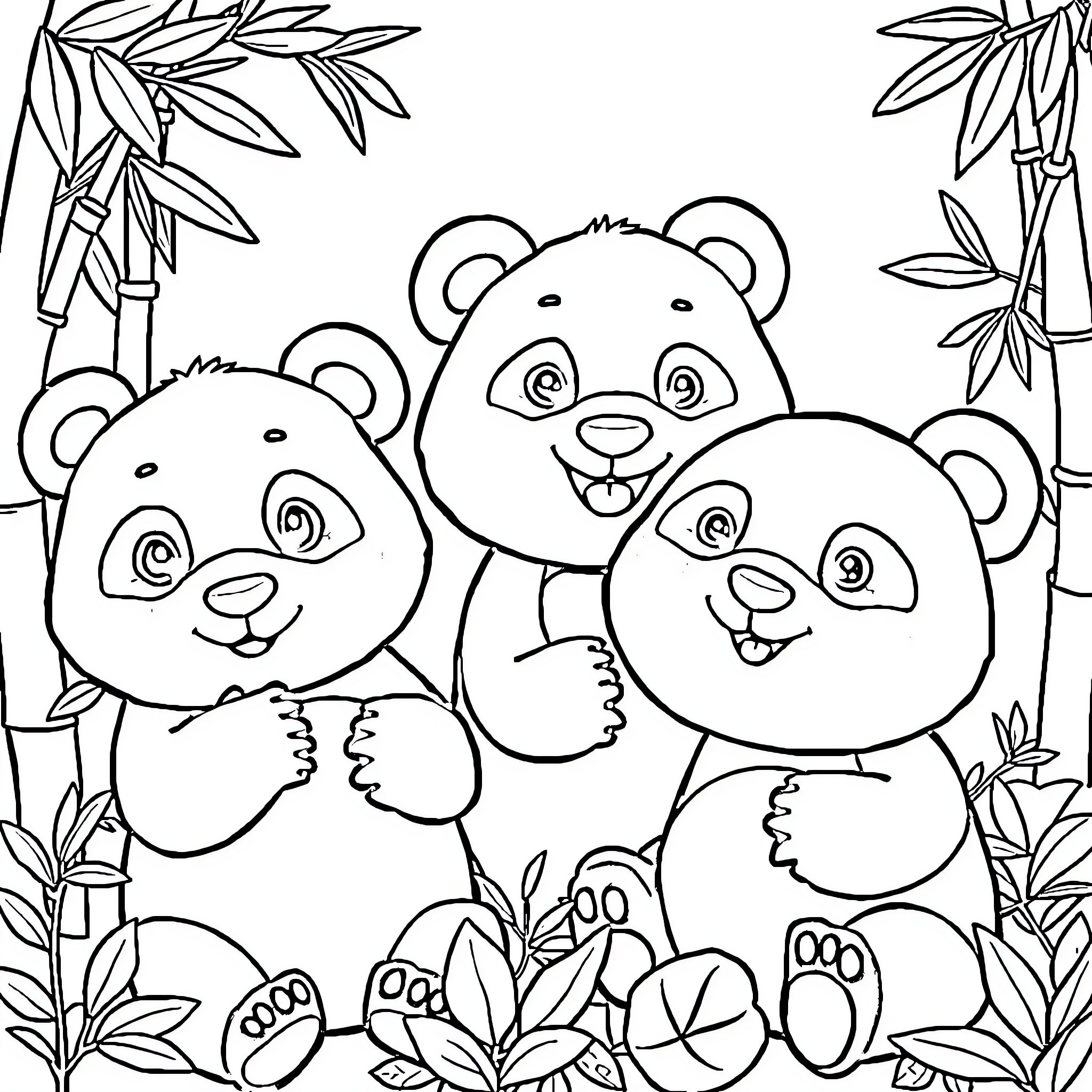 Panda cubs playing happily in the bamboo forest Coloring Page (free black-and-white line drawing printable PDF for all, from beginners to advanced learners, including children, teens, adults, and seniors)