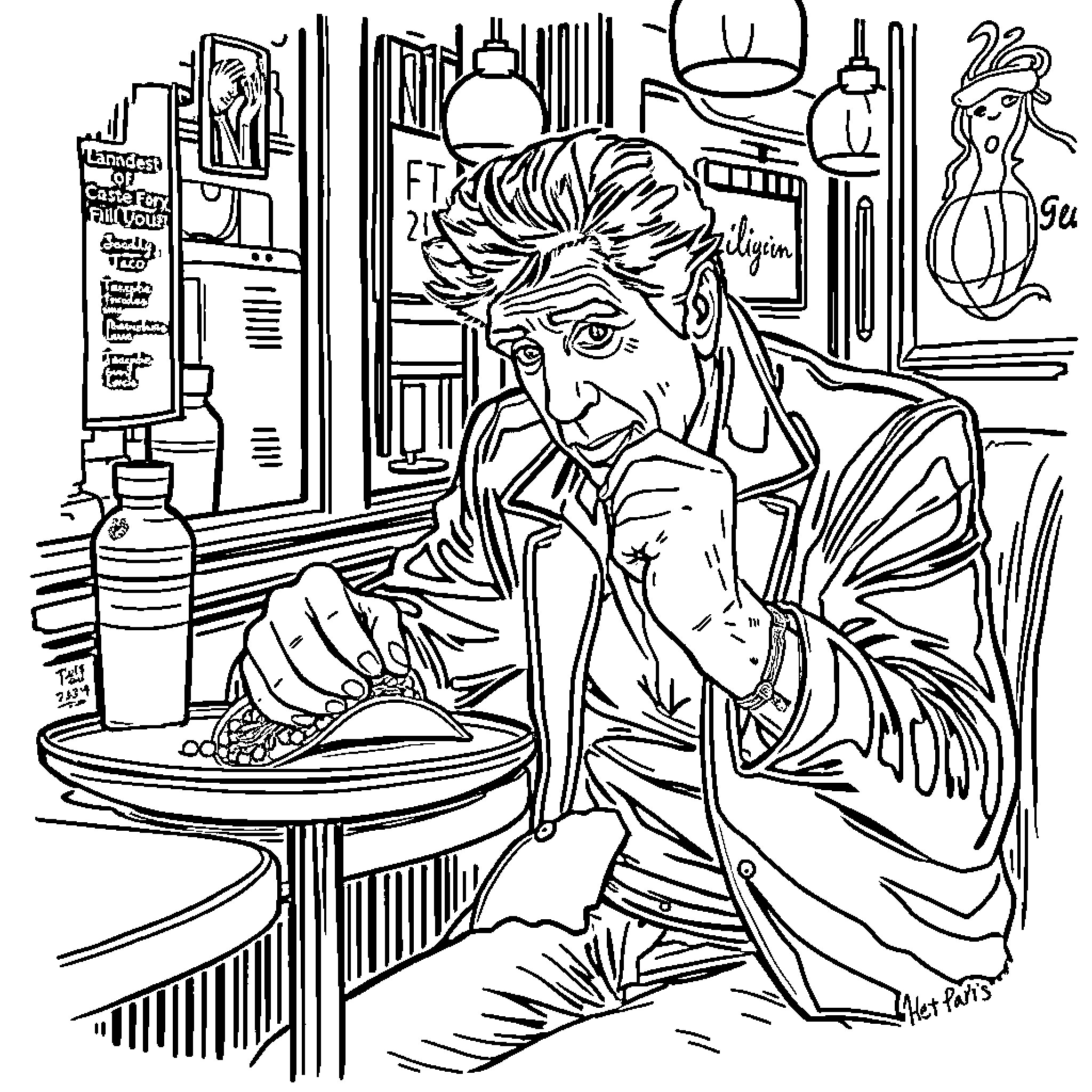Al Pacino - Intense Contemplation in Urban Setting Coloring Page (free black-and-white line drawing printable PDF for all, from beginners to advanced learners, including children, teens, adults, and seniors)