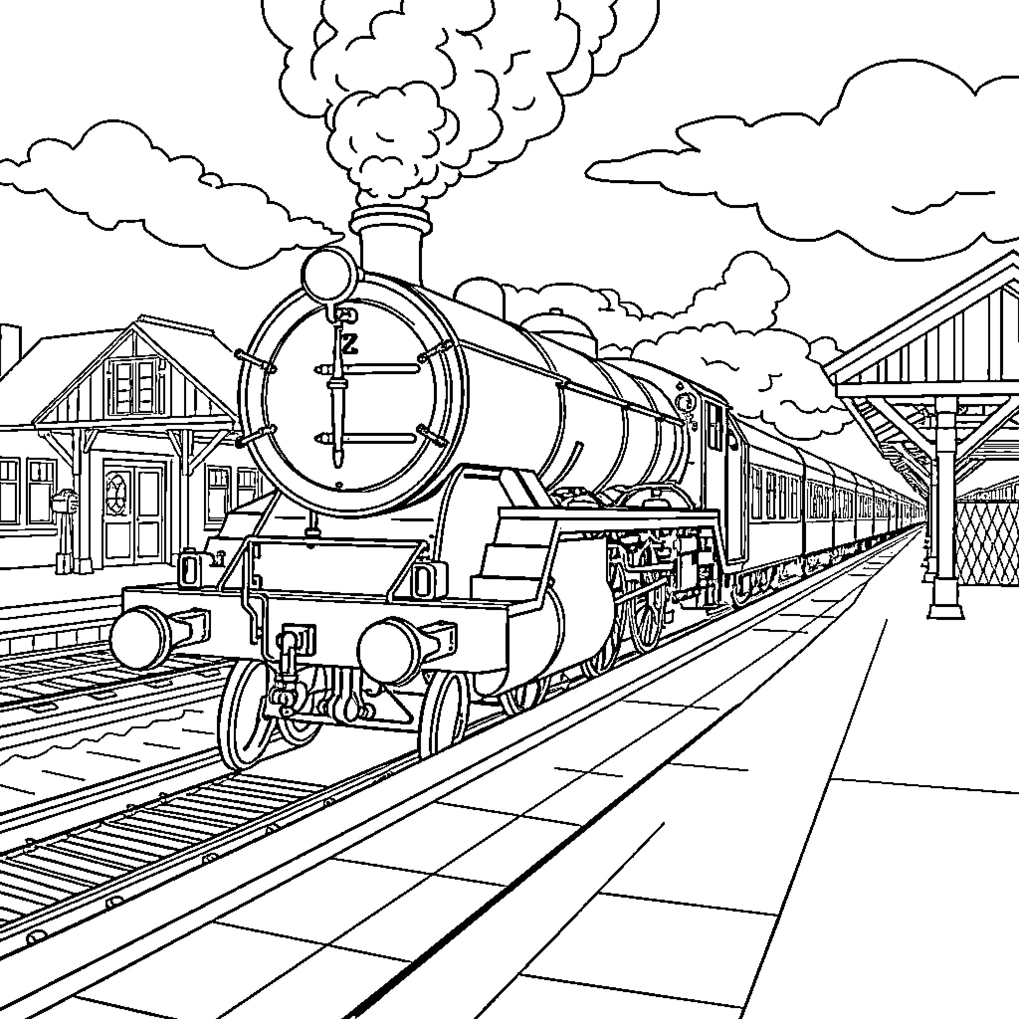 Train steaming through a bustling railway station Coloring Page (free black-and-white line drawing printable PDF for all, from beginners to advanced learners, including children, teens, adults, and seniors)
