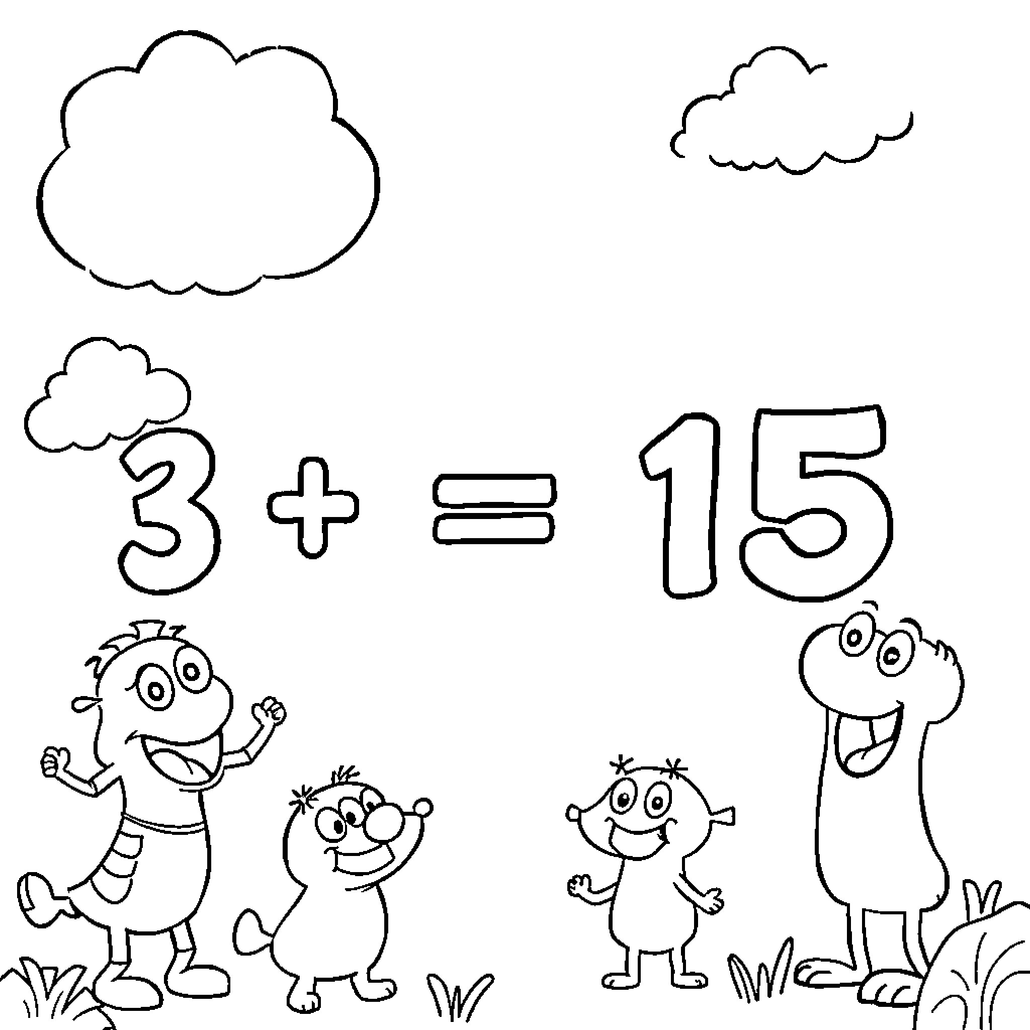 Number Addition and Counting Practice Coloring Page (free black-and-white line drawing printable PDF for all, from beginners to advanced learners, including children, teens, adults, and seniors)