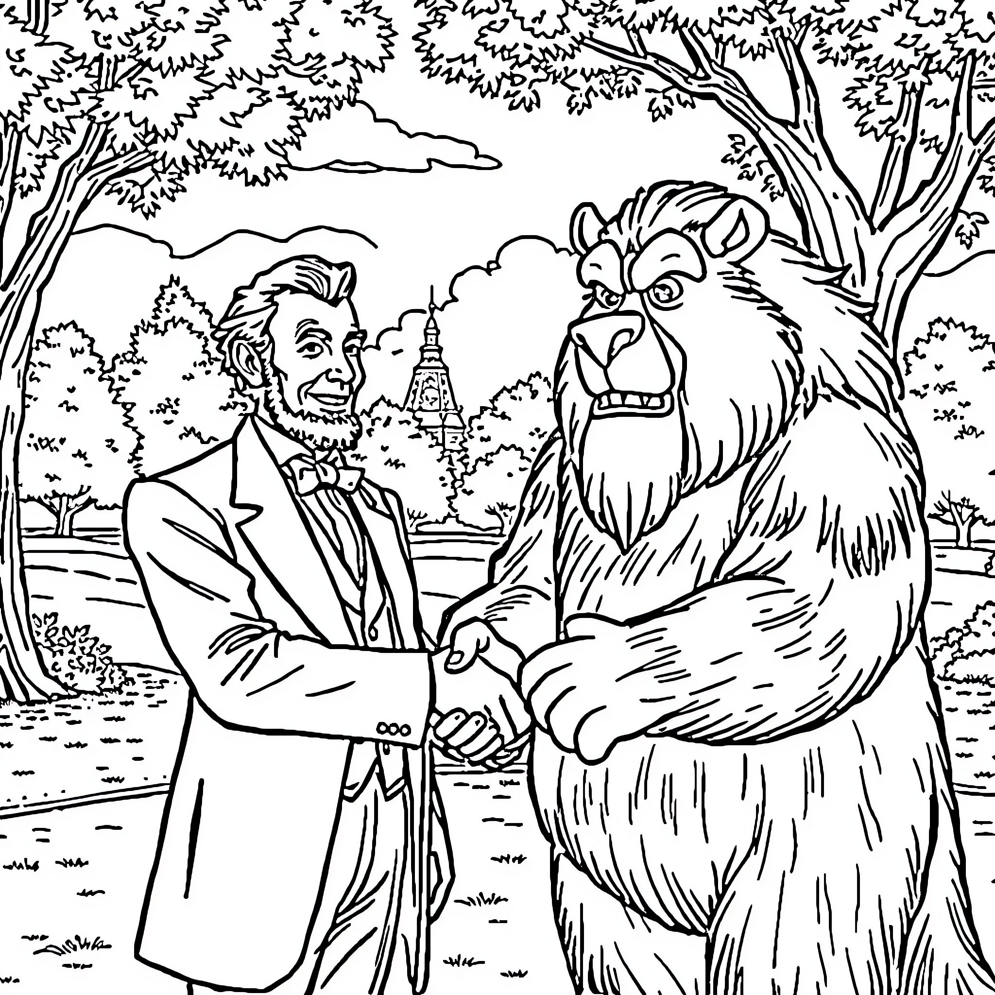 Abraham Lincoln shaking hands with a large furry creature Coloring Page (free black-and-white line drawing printable PDF for all, from beginners to advanced learners, including children, teens, adults, and seniors)