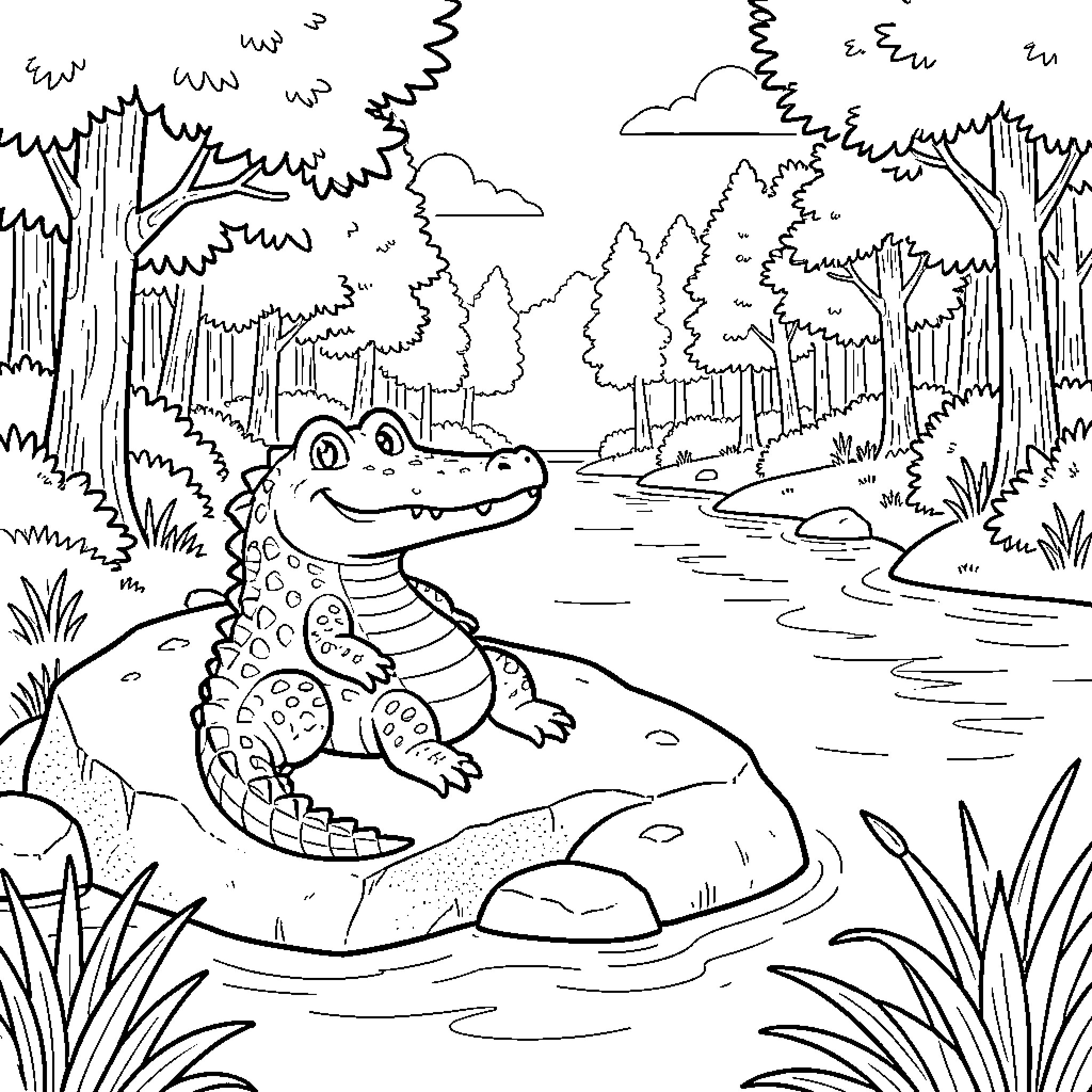Crocodile lounging in the serene forest pond Coloring Page (free black-and-white line drawing printable PDF for all, from beginners to advanced learners, including children, teens, adults, and seniors)