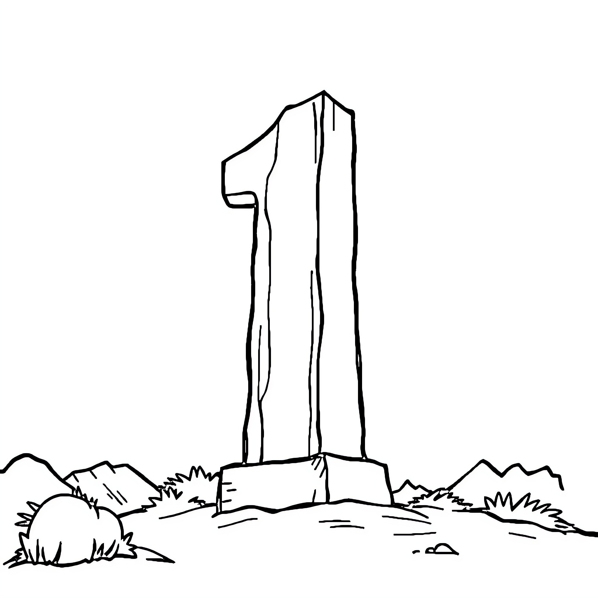 Number 1: Tall monument in a landscape Coloring Page (free black-and-white line drawing printable PDF for all, from beginners to advanced learners, including children, teens, adults, and seniors)
