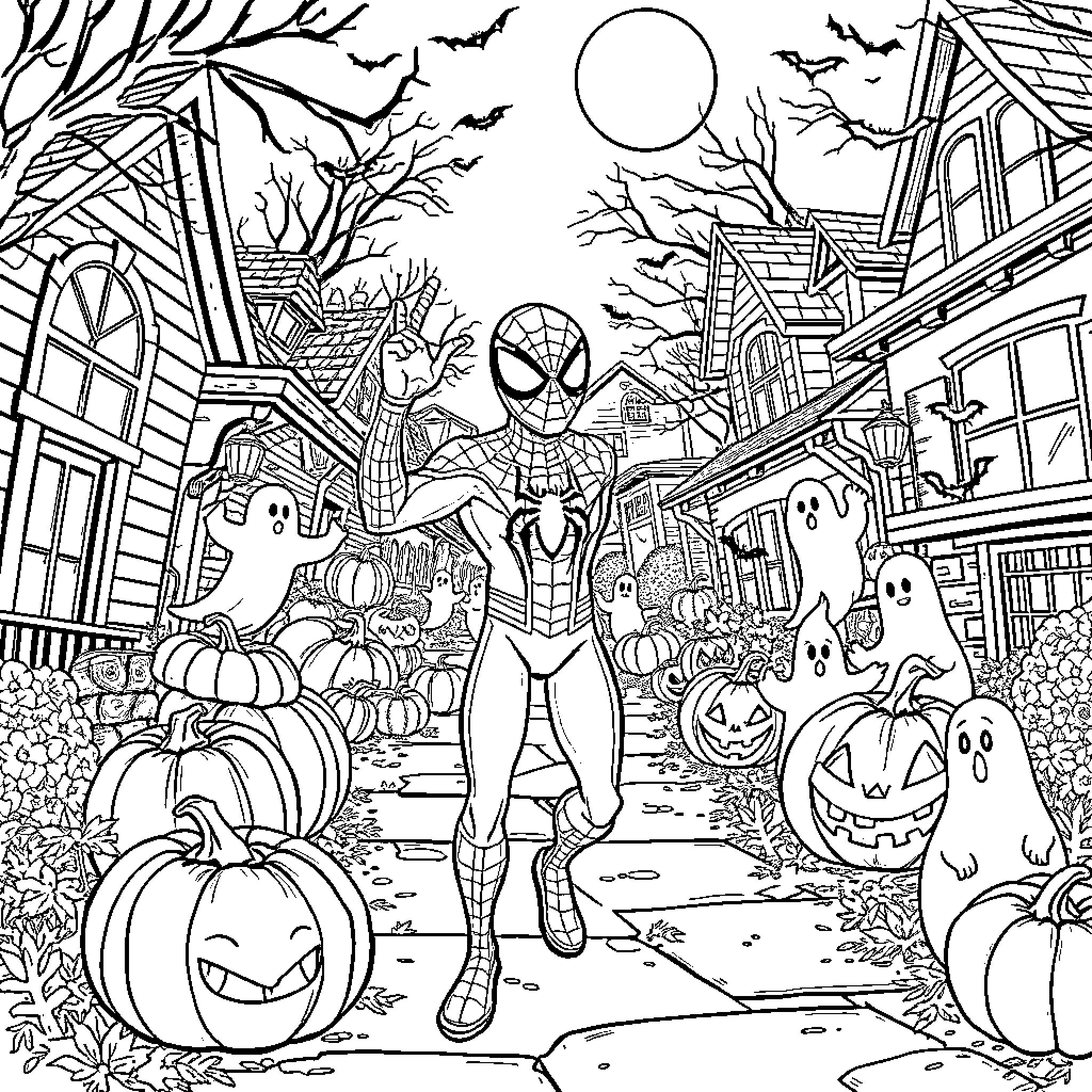 Spider-Man Trick-or-Treating on Halloween Night Coloring Page (free black-and-white line drawing printable PDF for all, from beginners to advanced learners, including children, teens, adults, and seniors)