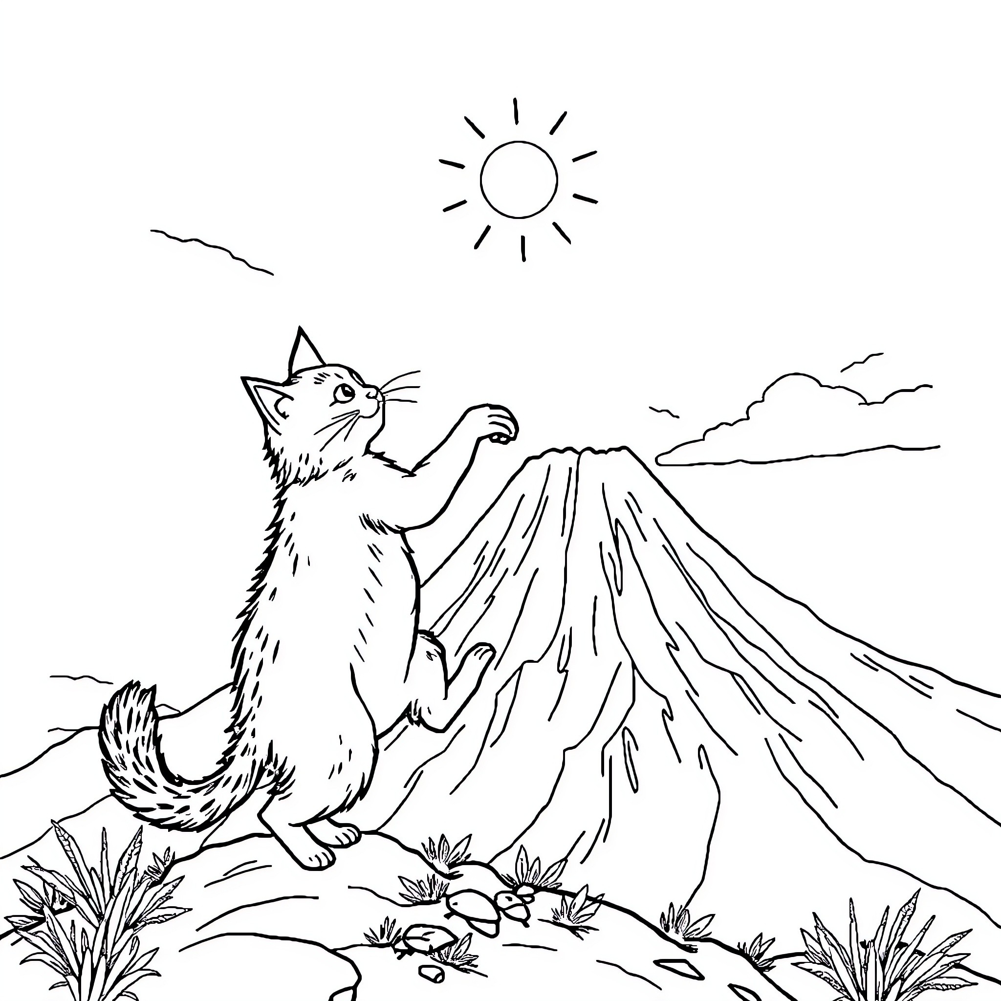 Gato exploring majestic mountain landscape Coloring Page (free black-and-white line drawing printable PDF for all, from beginners to advanced learners, including children, teens, adults, and seniors)