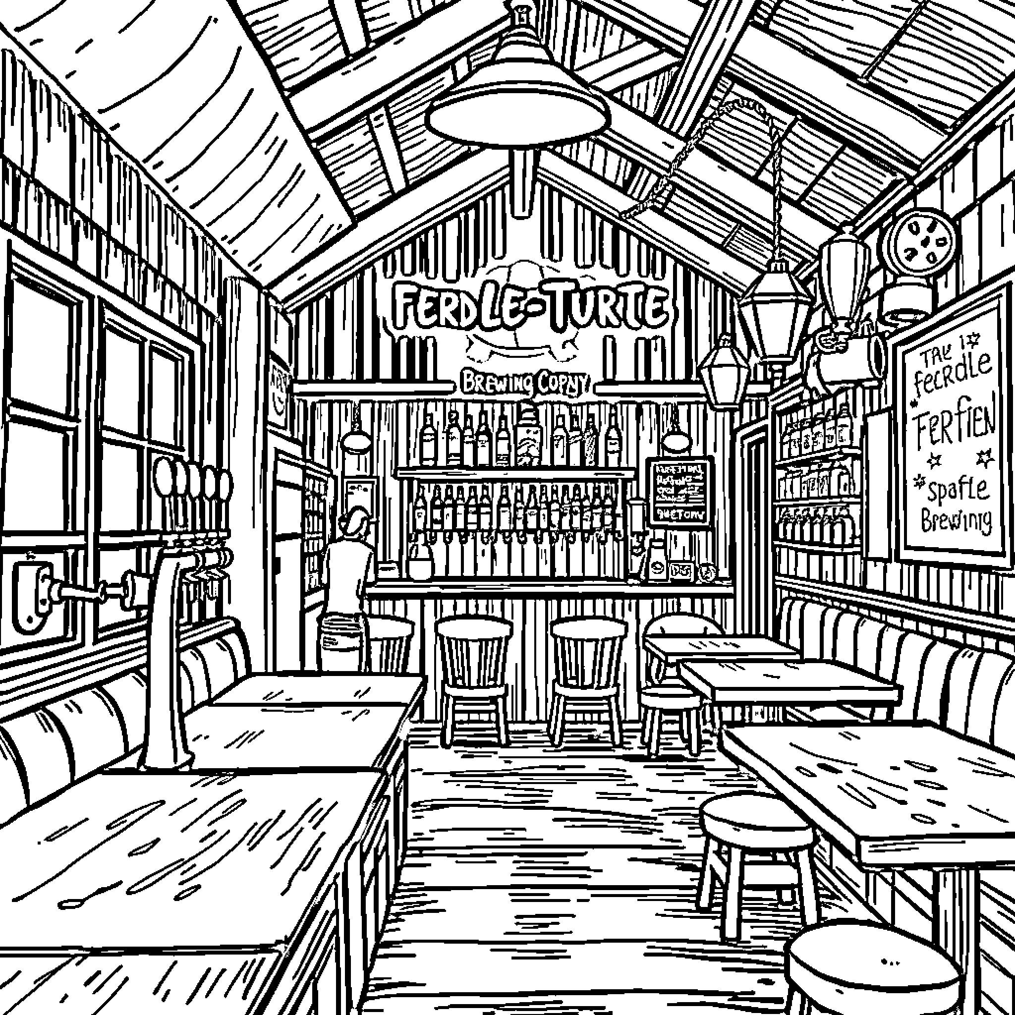 Turtle-themed Rustic Tavern Interior Coloring Page (free black-and-white line drawing printable PDF for all, from beginners to advanced learners, including children, teens, adults, and seniors)