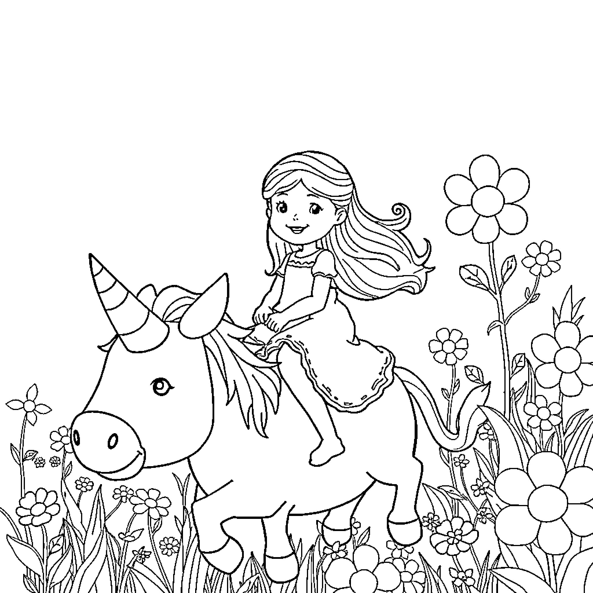 Einhorn girl joyfully riding a unicorn in a flowery field Coloring Page (free black-and-white line drawing printable PDF for all, from beginners to advanced learners, including children, teens, adults, and seniors)