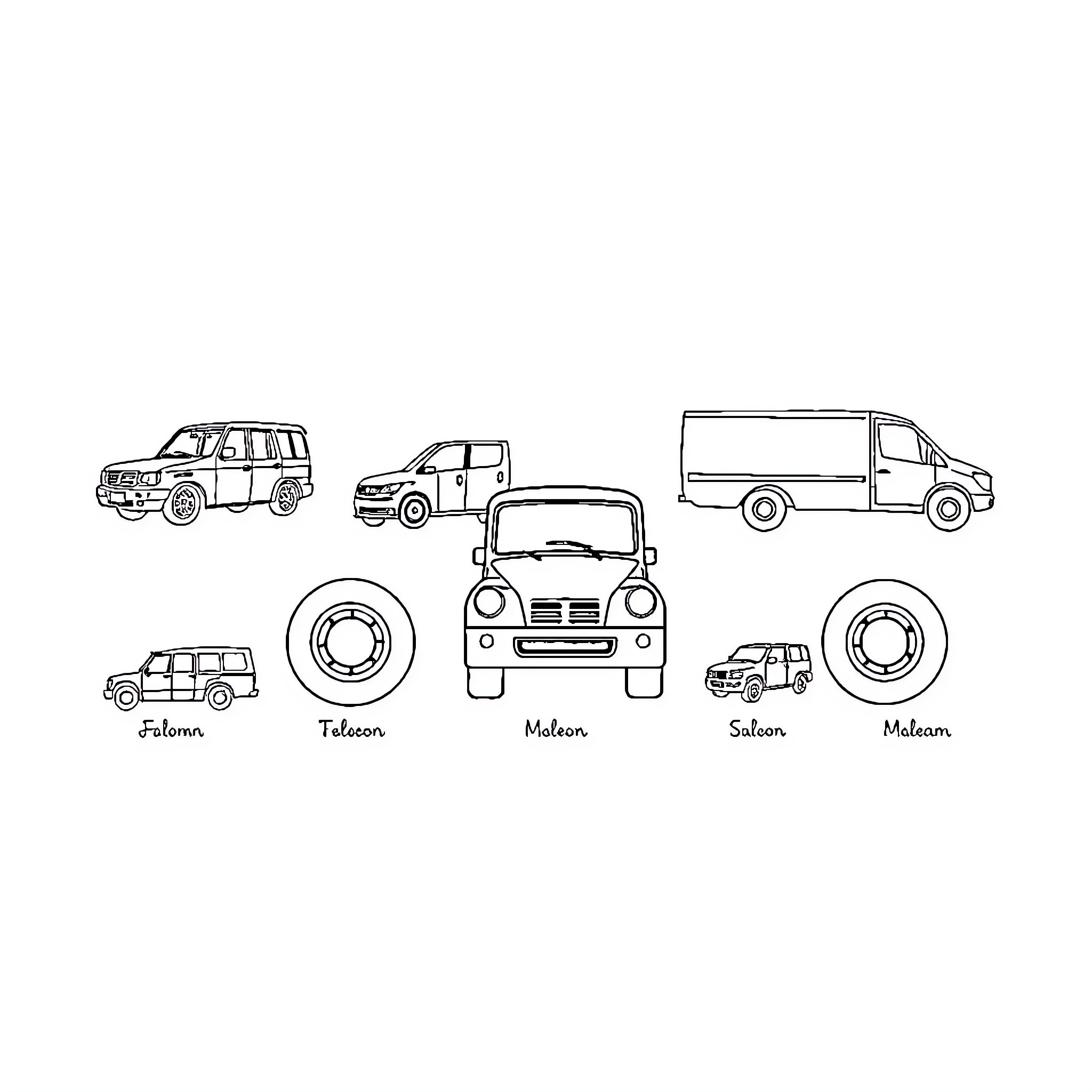 Vehicle collection of diverse automobile types Coloring Page (free black-and-white line drawing printable PDF for all, from beginners to advanced learners, including children, teens, adults, and seniors)