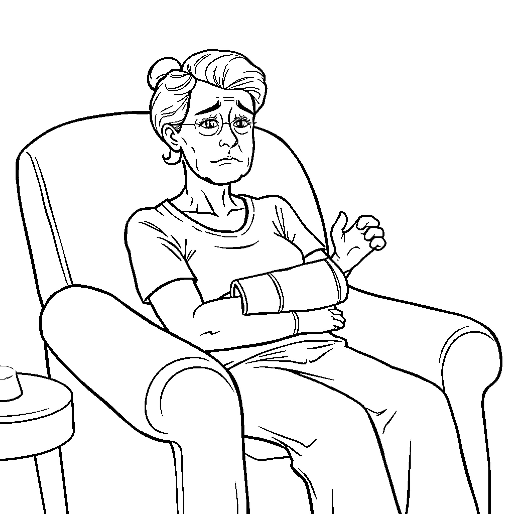 Wife seated with serious expression in armchair Coloring Page (free black-and-white line drawing printable PDF for all, from beginners to advanced learners, including children, teens, adults, and seniors)