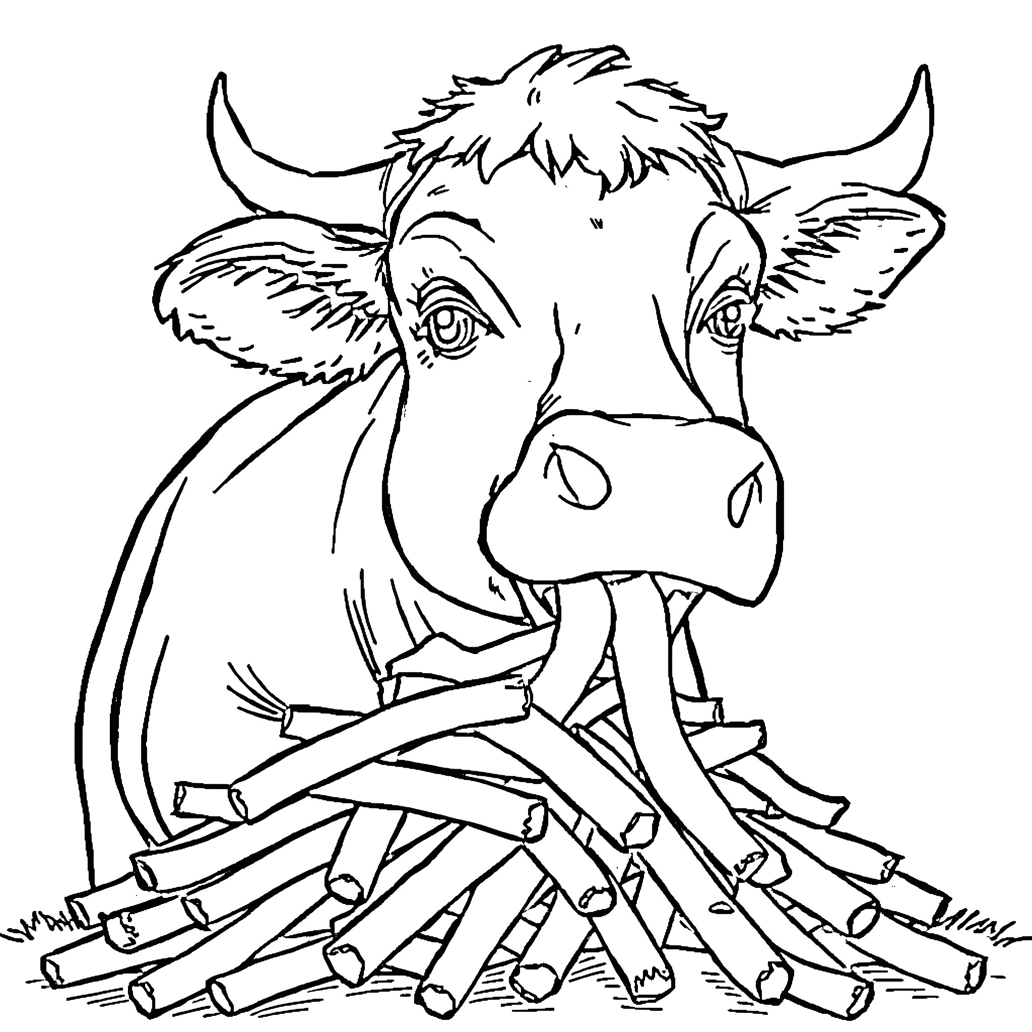 Cow chewing on sticks in a field Coloring Page (free black-and-white line drawing printable PDF for all, from beginners to advanced learners, including children, teens, adults, and seniors)
