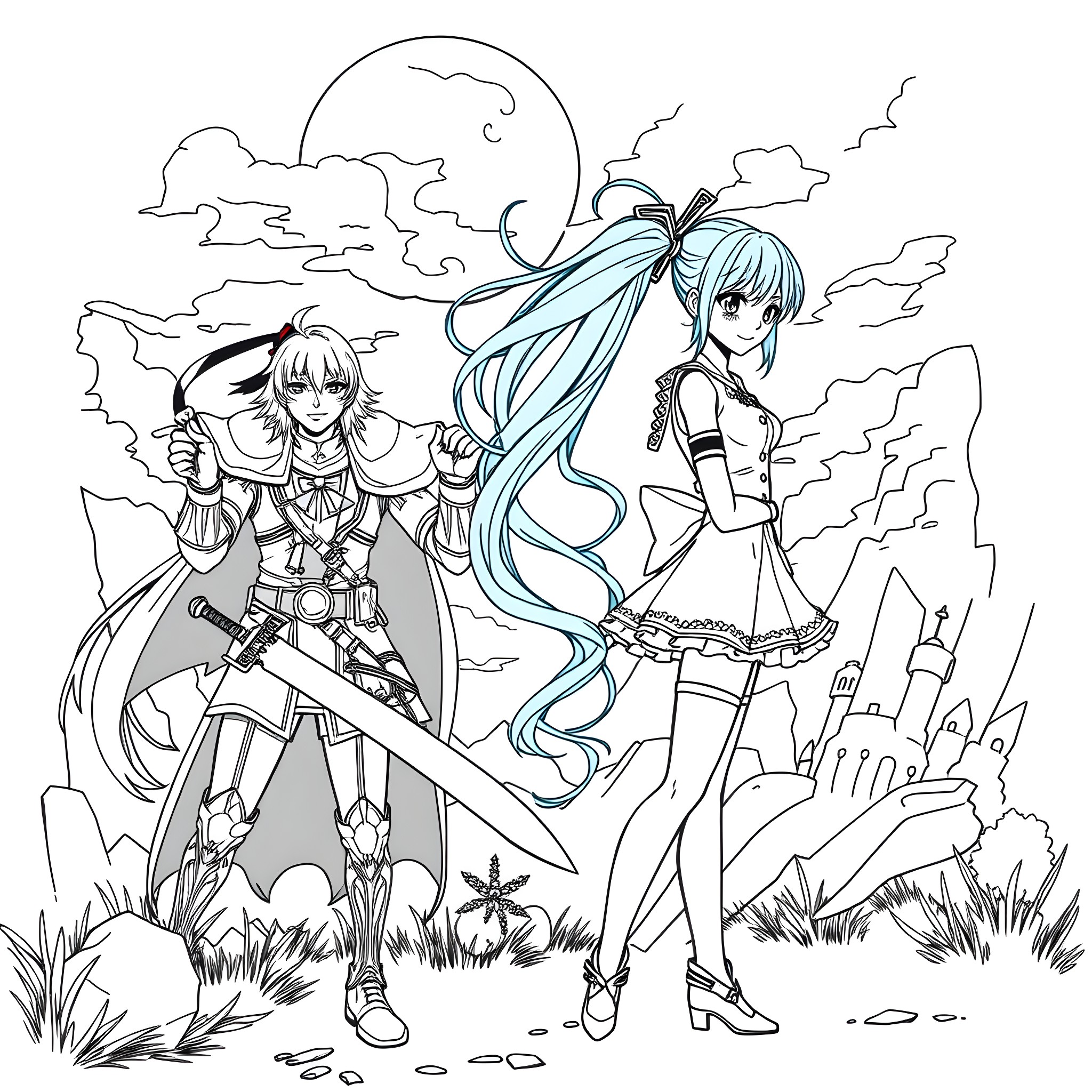 Hatsune Miku and companions in fantastical adventure Coloring Page (free black-and-white line drawing printable PDF for all, from beginners to advanced learners, including children, teens, adults, and seniors)
