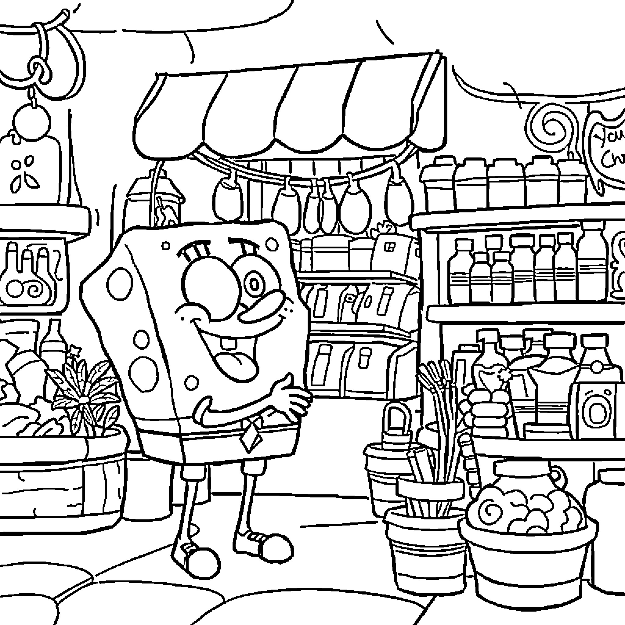 Bob esponja explores a vibrant market scene Coloring Page (free black-and-white line drawing printable PDF for all, from beginners to advanced learners, including children, teens, adults, and seniors)