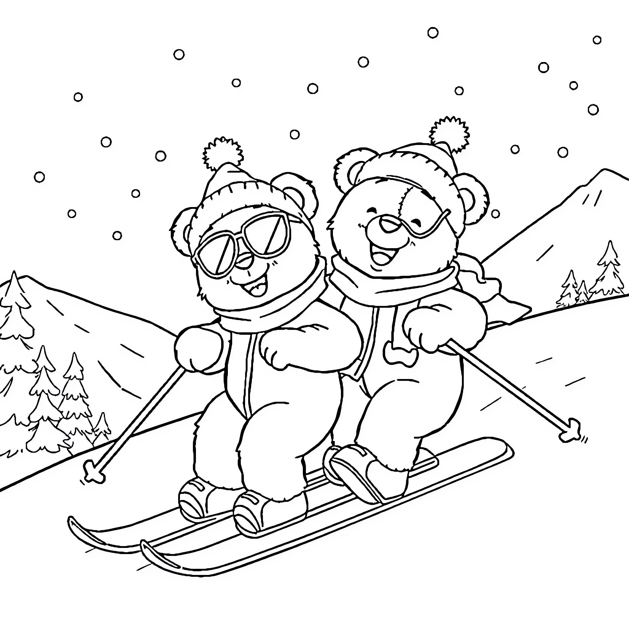 Teddy Bears Skiing Down Snowy Mountain Coloring Page (free black-and-white line drawing printable PDF for all, from beginners to advanced learners, including children, teens, adults, and seniors)