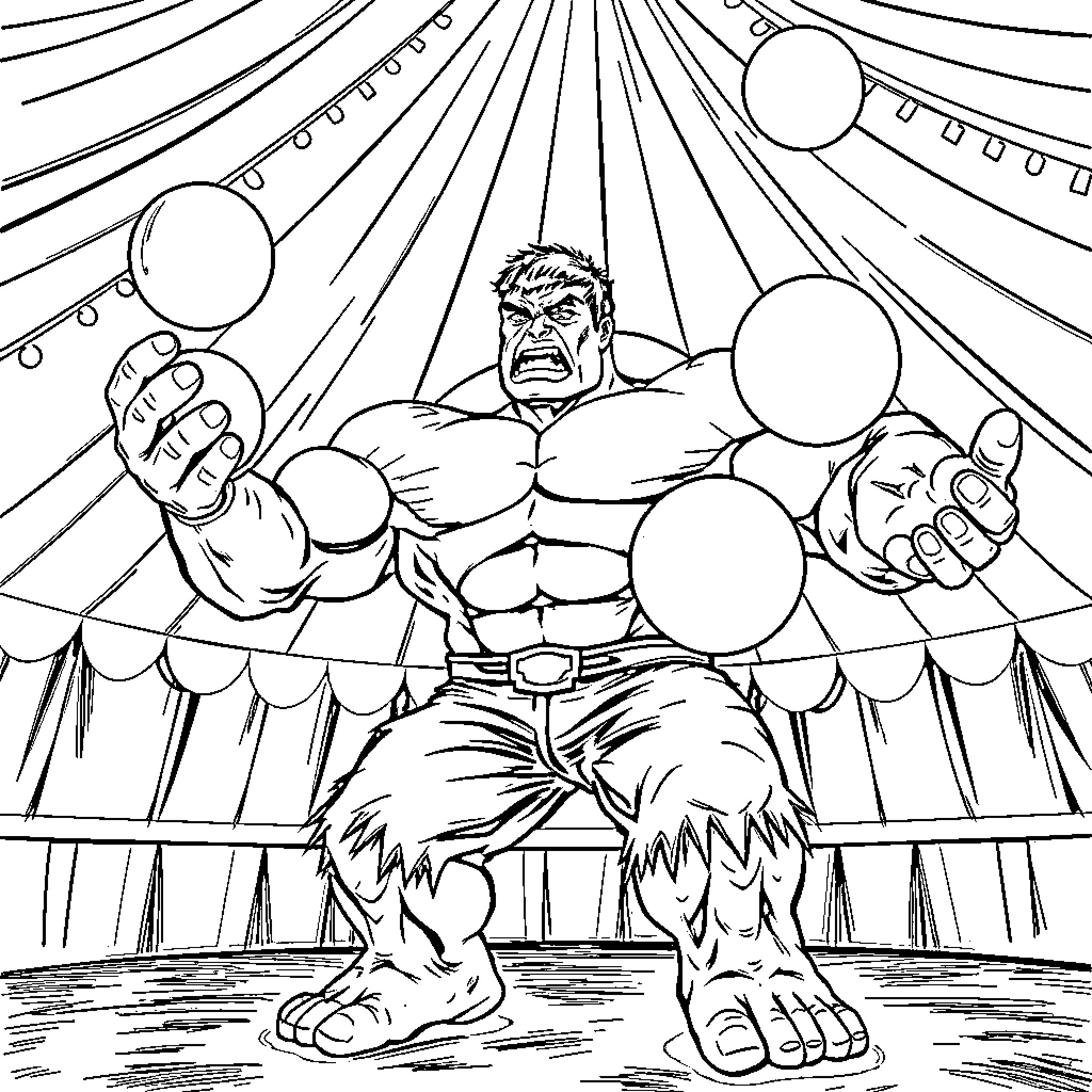 Hulk Unleashing Powerful Roar in Dramatic Circus Scene Coloring Page (free black-and-white line drawing printable PDF for all, from beginners to advanced learners, including children, teens, adults, and seniors)