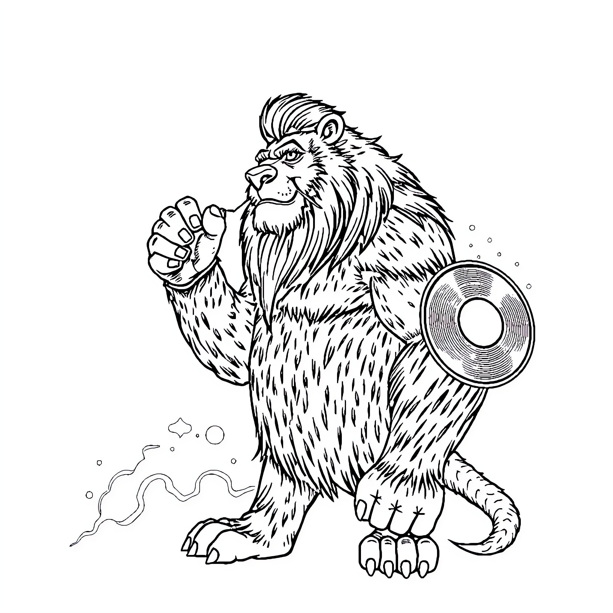 Titan Gorilla with Drum Preparing for Battle Coloring Page (free black-and-white line drawing printable PDF for all, from beginners to advanced learners, including children, teens, adults, and seniors)