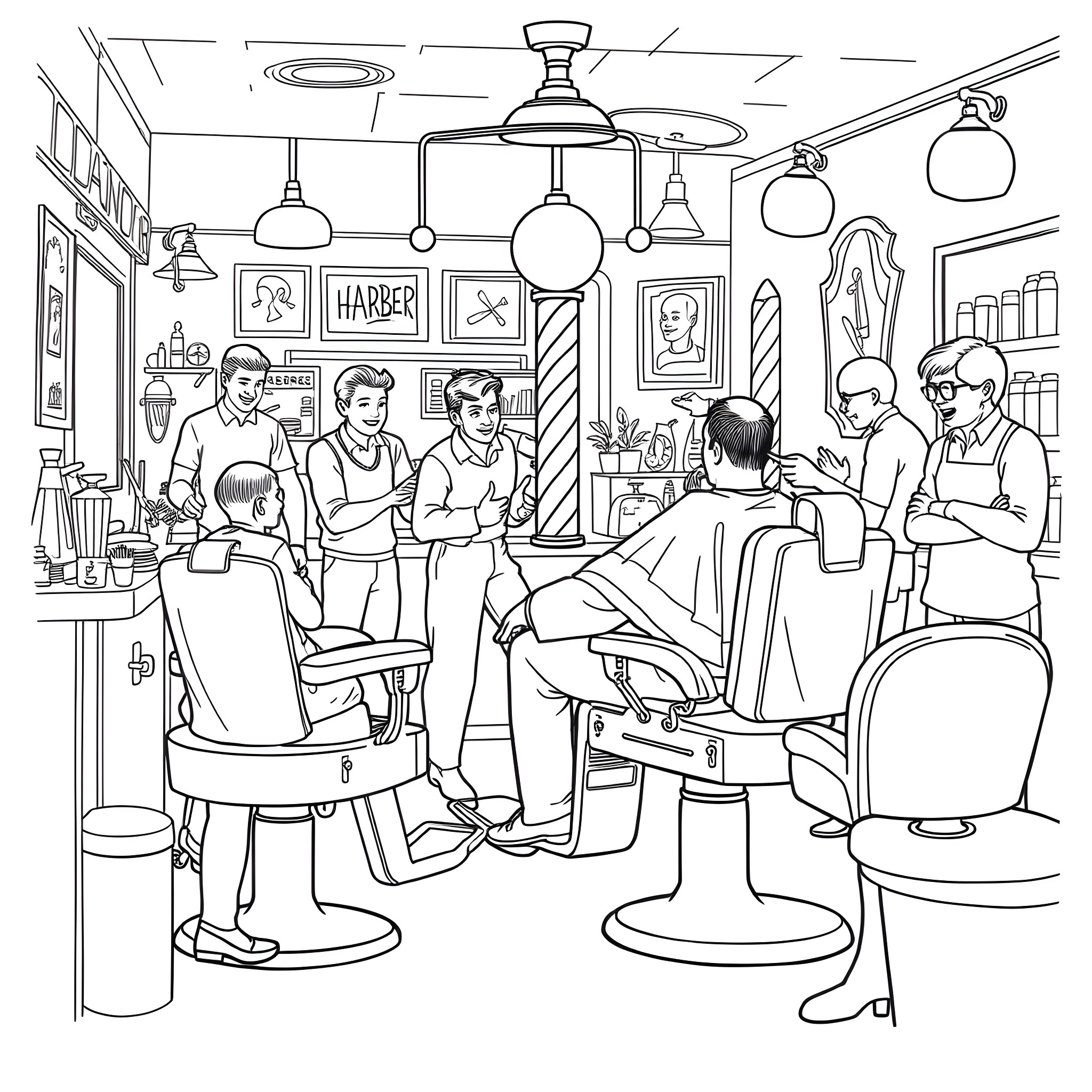 Barbershop Scene with Men Getting Haircuts Coloring Page (free black-and-white line drawing printable PDF for all, from beginners to advanced learners, including children, teens, adults, and seniors)