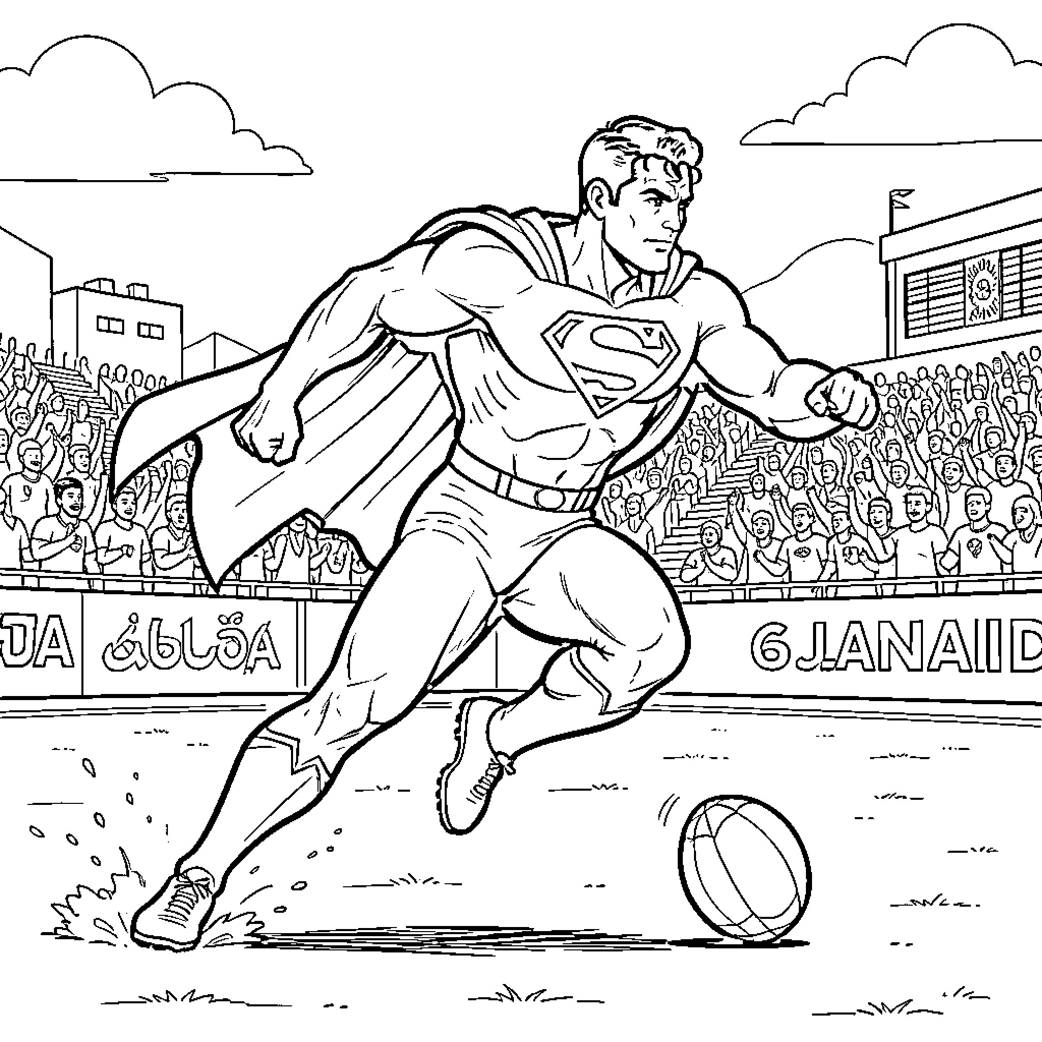 Superman playing football in a crowded stadium Coloring Page (free black-and-white line drawing printable PDF for all, from beginners to advanced learners, including children, teens, adults, and seniors)