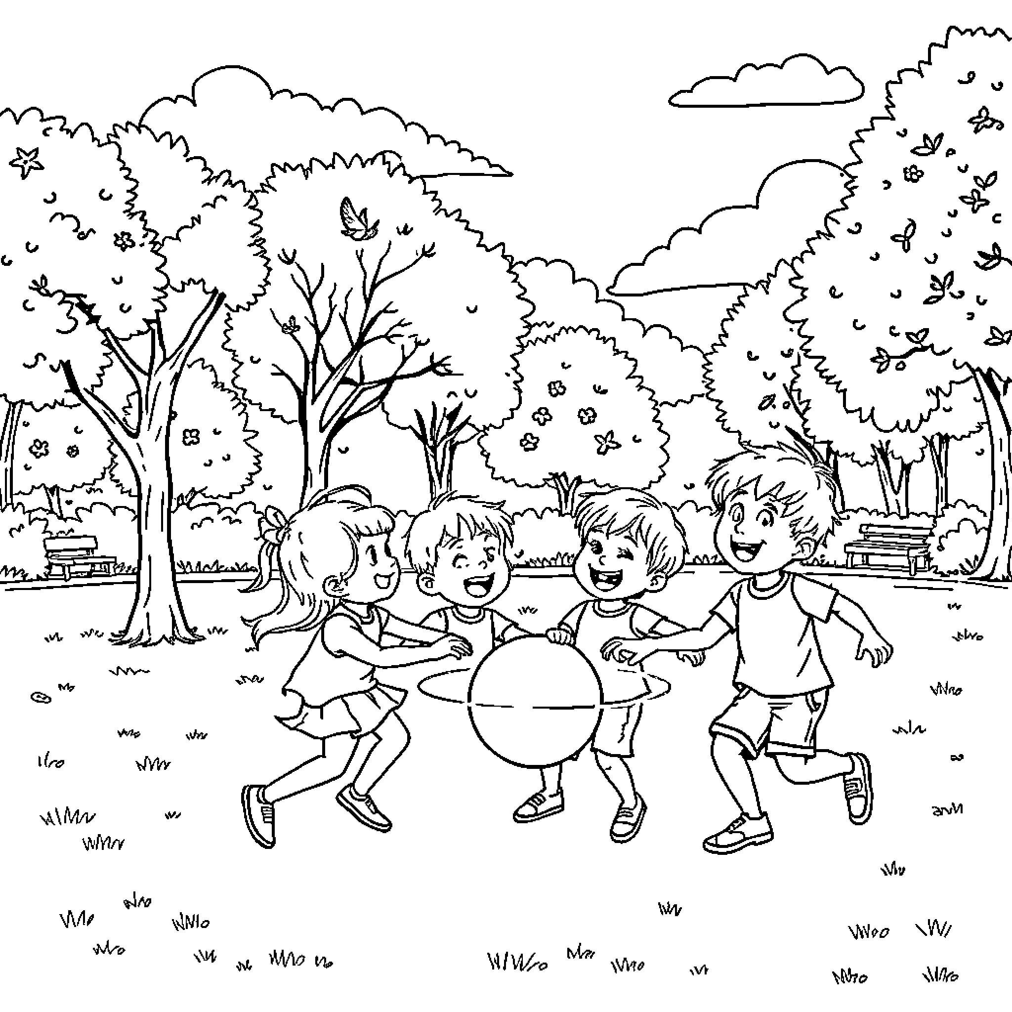 Children playing and laughing in the park Coloring Page (free black-and-white line drawing printable PDF for all, from beginners to advanced learners, including children, teens, adults, and seniors)