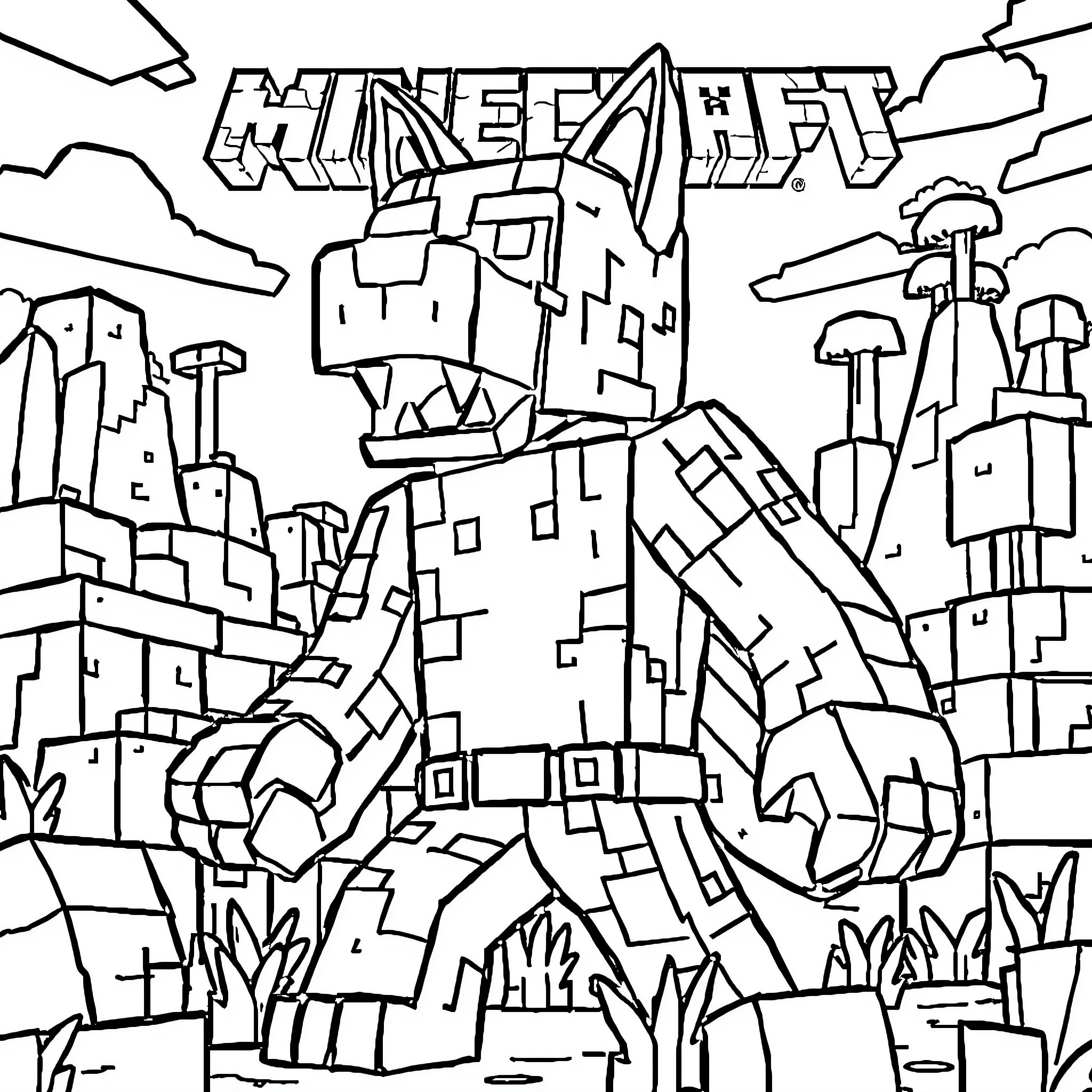 Dogman battles through the futuristic cityscape Coloring Page (free black-and-white line drawing printable PDF for all, from beginners to advanced learners, including children, teens, adults, and seniors)