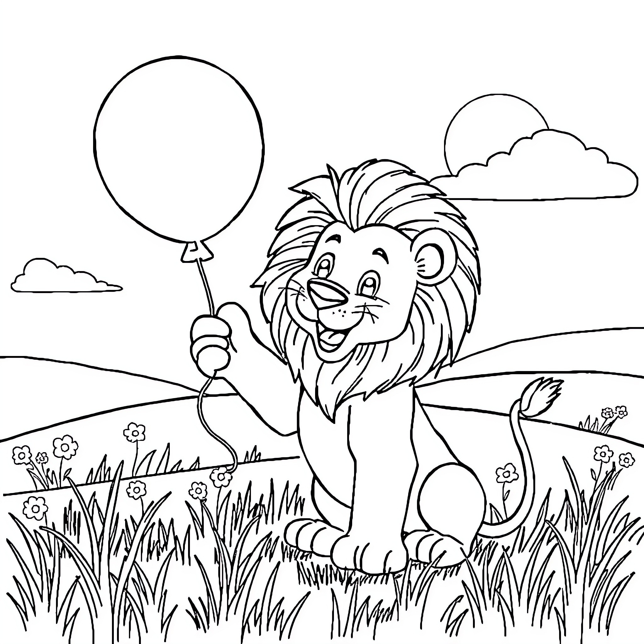 Lion playing happily with a balloon in the field Coloring Page (free black-and-white line drawing printable PDF for all, from beginners to advanced learners, including children, teens, adults, and seniors)