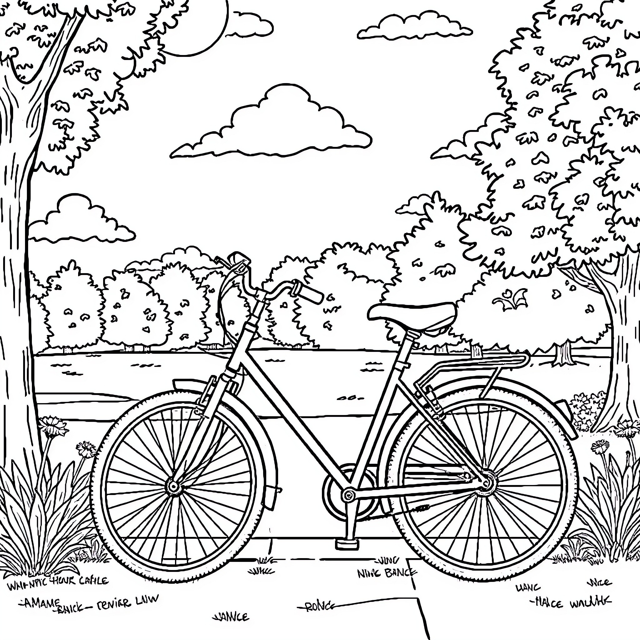 Cicada relaxing by a bike in the park Coloring Page (free black-and-white line drawing printable PDF for all, from beginners to advanced learners, including children, teens, adults, and seniors)